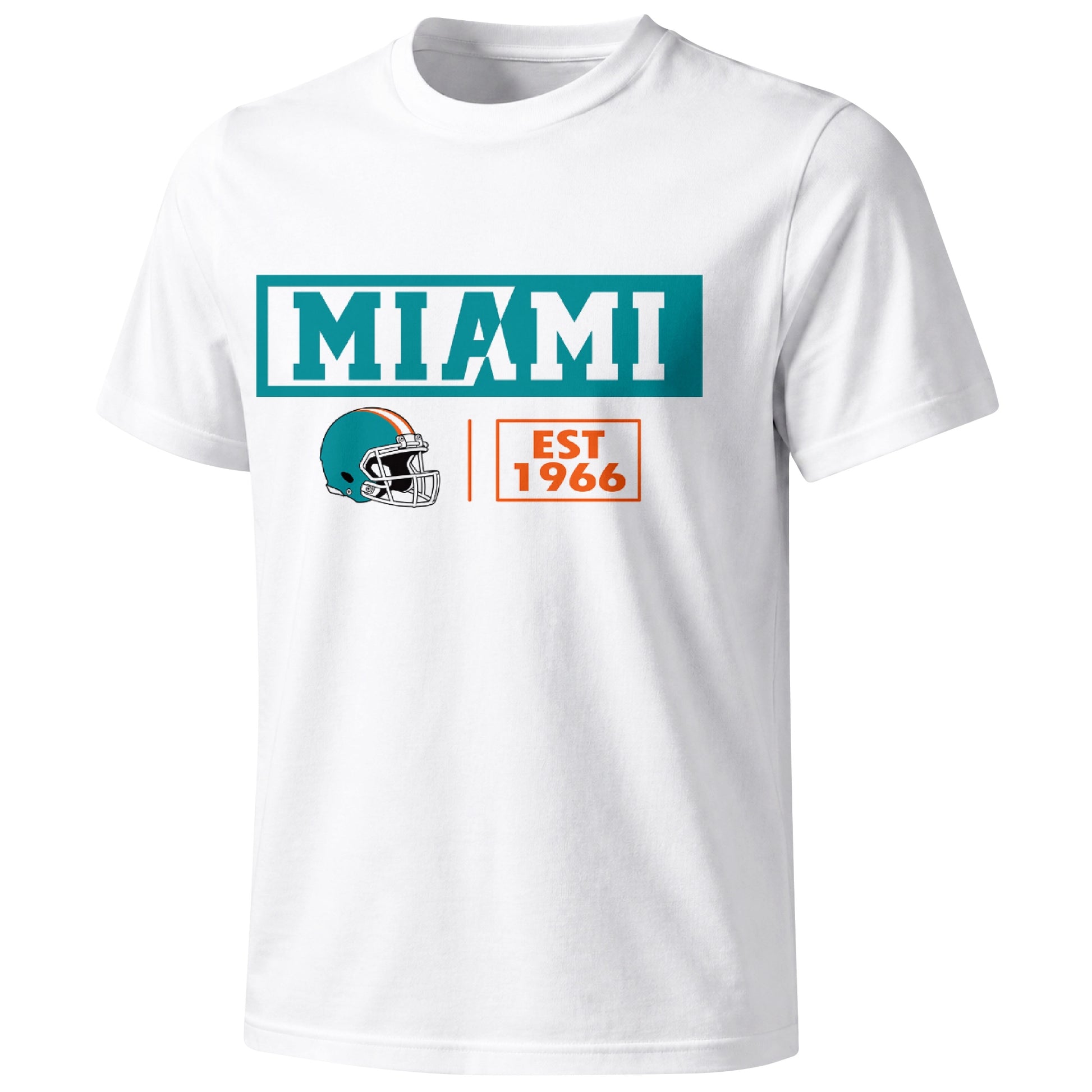 Miami football badge T shirt in White showing the front city and football helmet design
