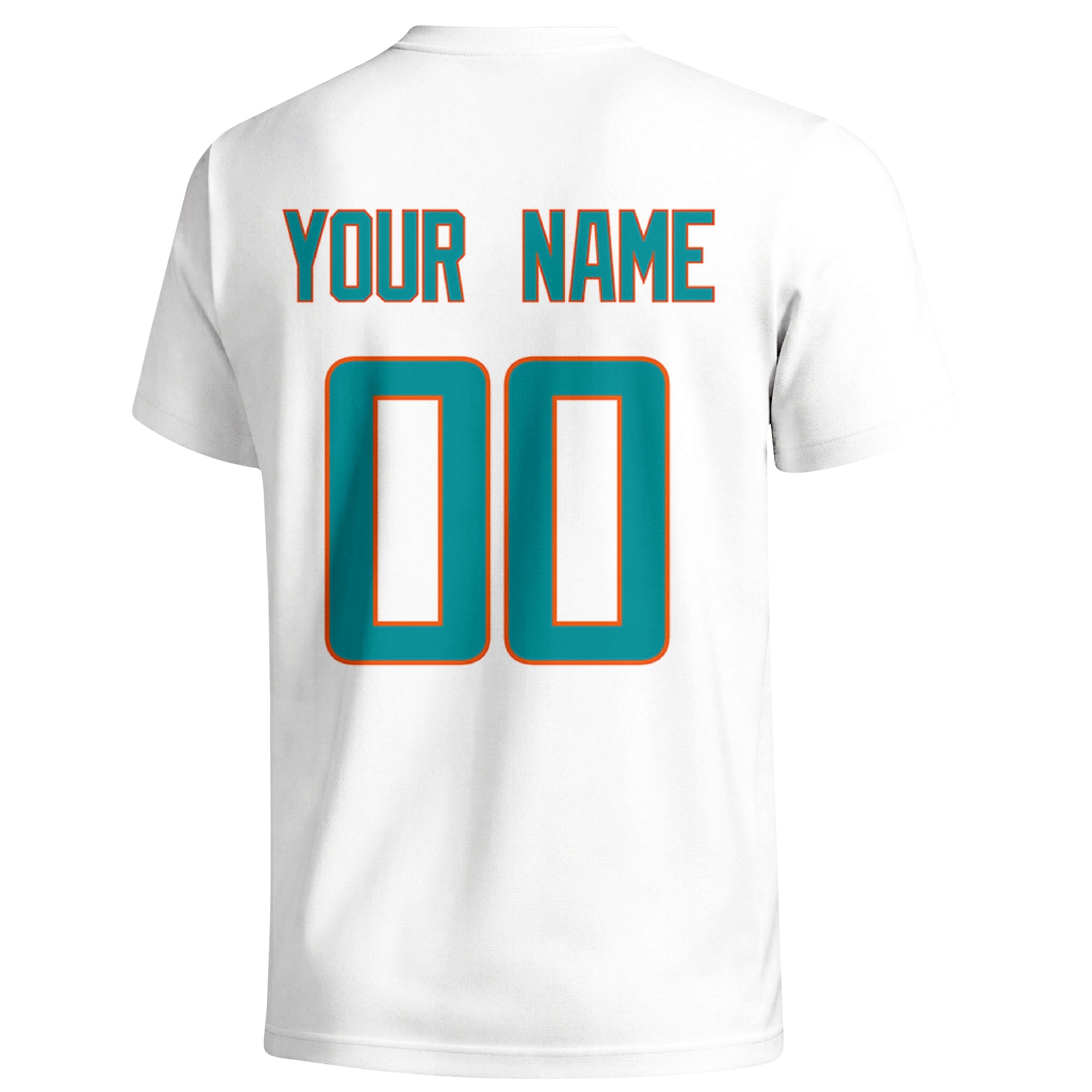 Miami personalized football badge T shirt in White showing the back custom name and number