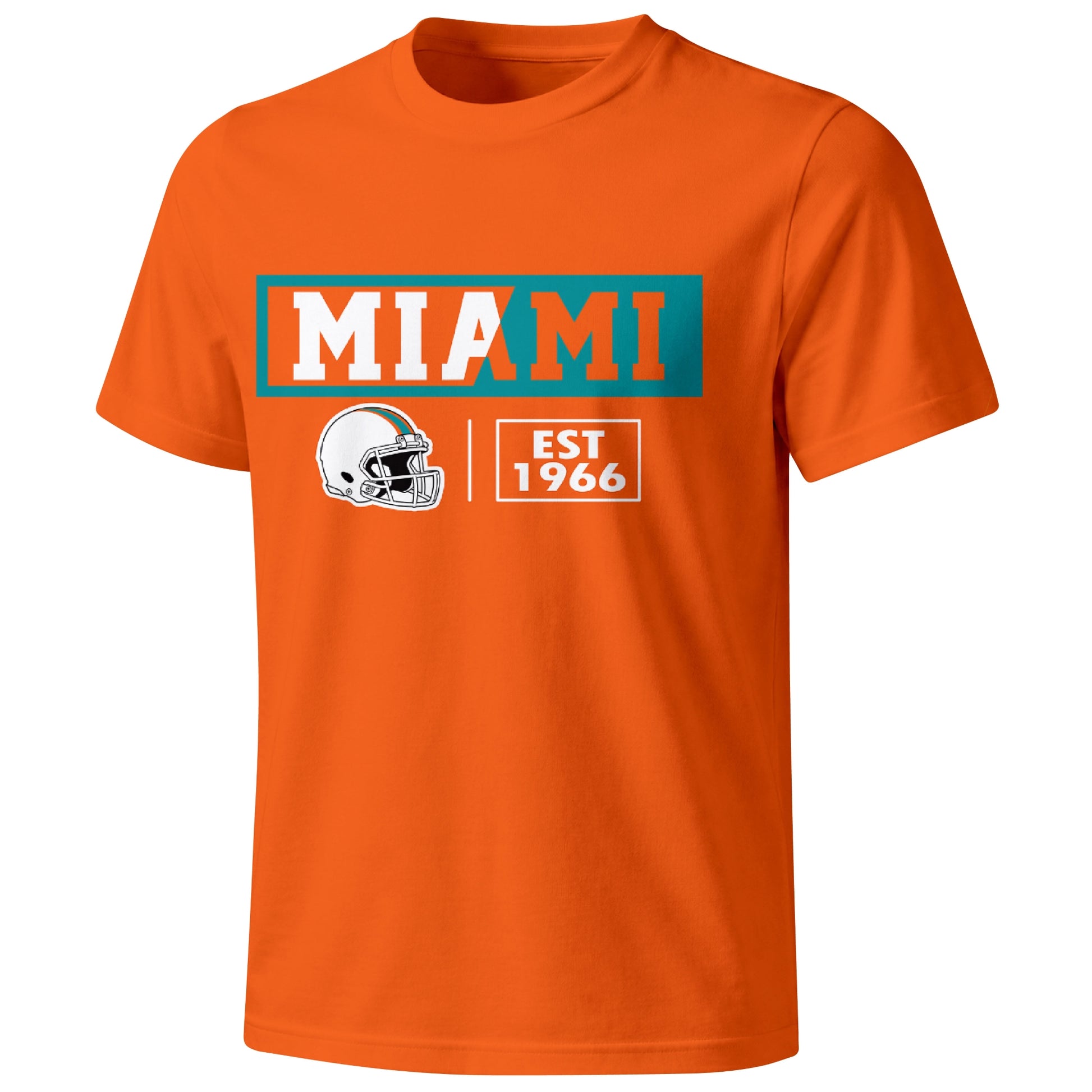 Miami football badge T shirt in Orange showing the front city and football helmet design