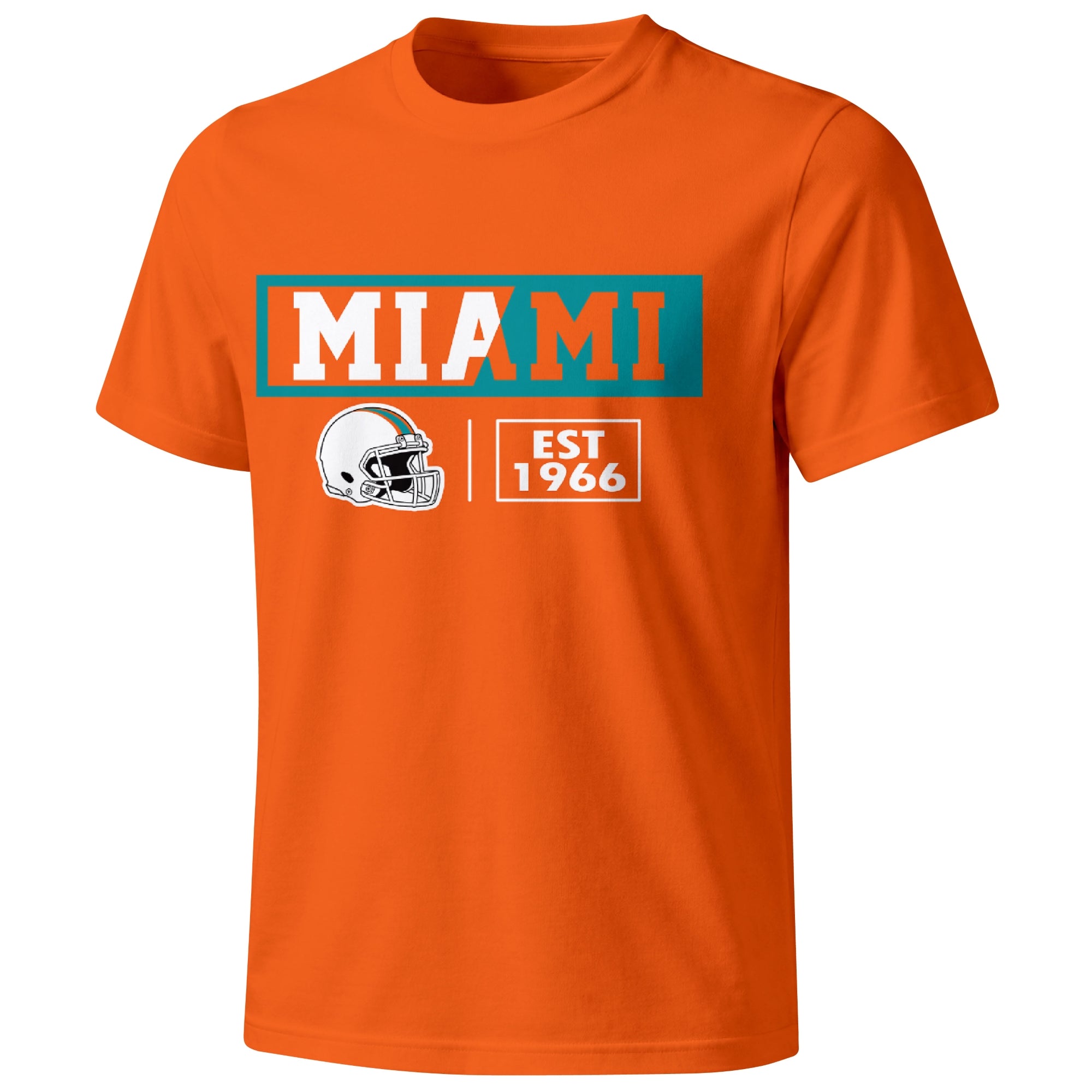 Miami football badge T shirt in Orange showing the front city and football helmet design