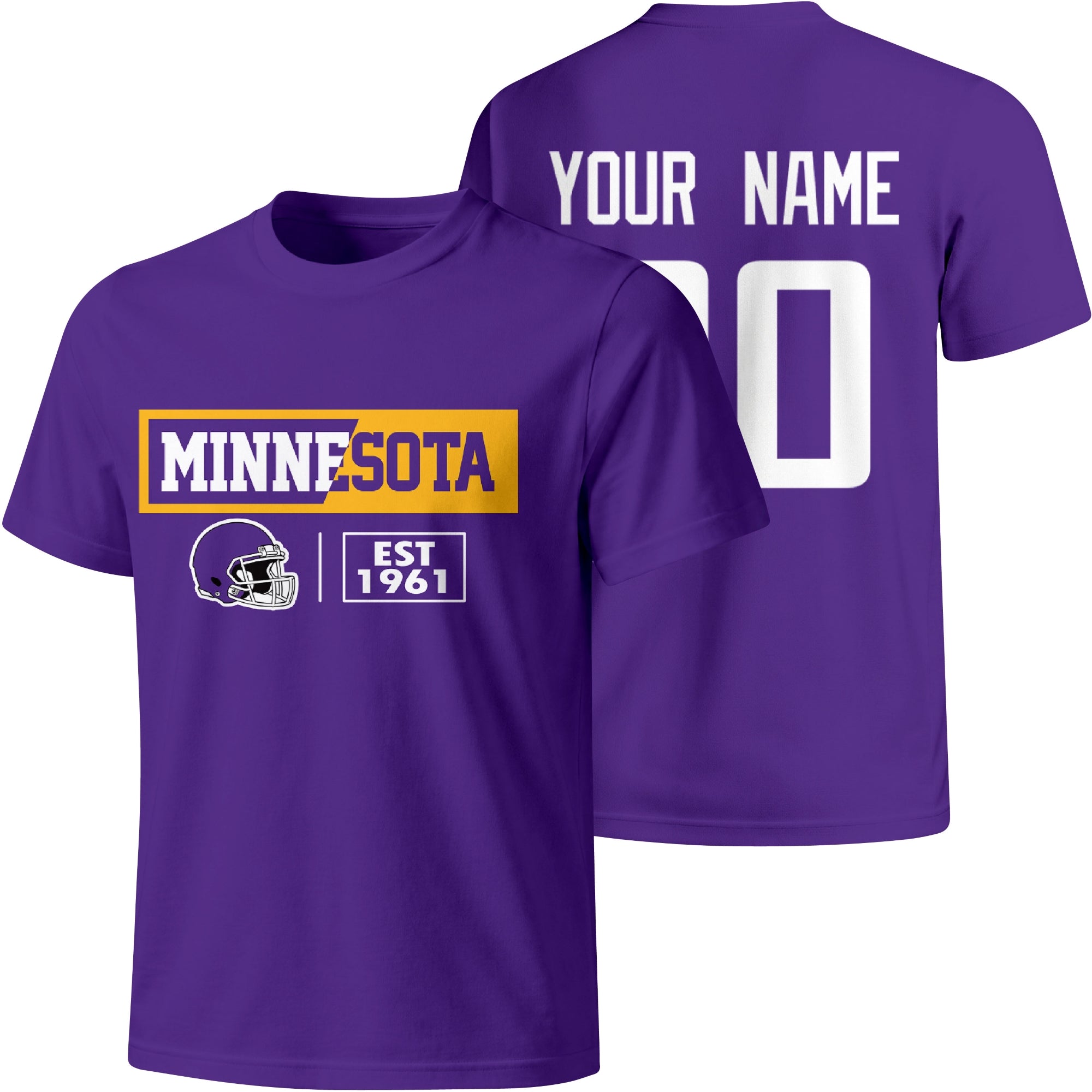 Minnesota personalized football badge T shirt in Purple showing front city helmet design and back custom name and number