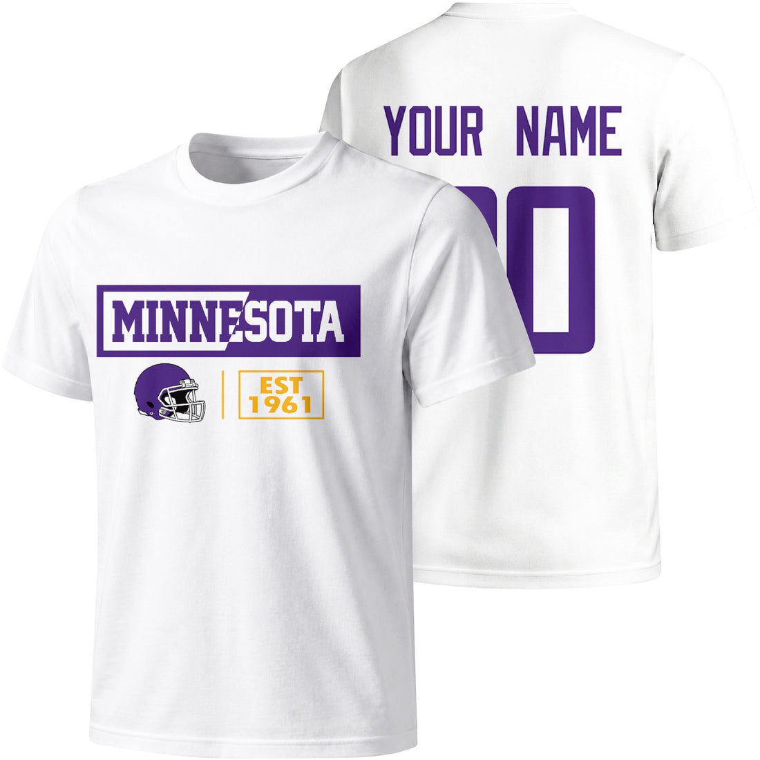 Minnesota personalized football badge T shirt in Purple showing front city helmet design and back custom name and number