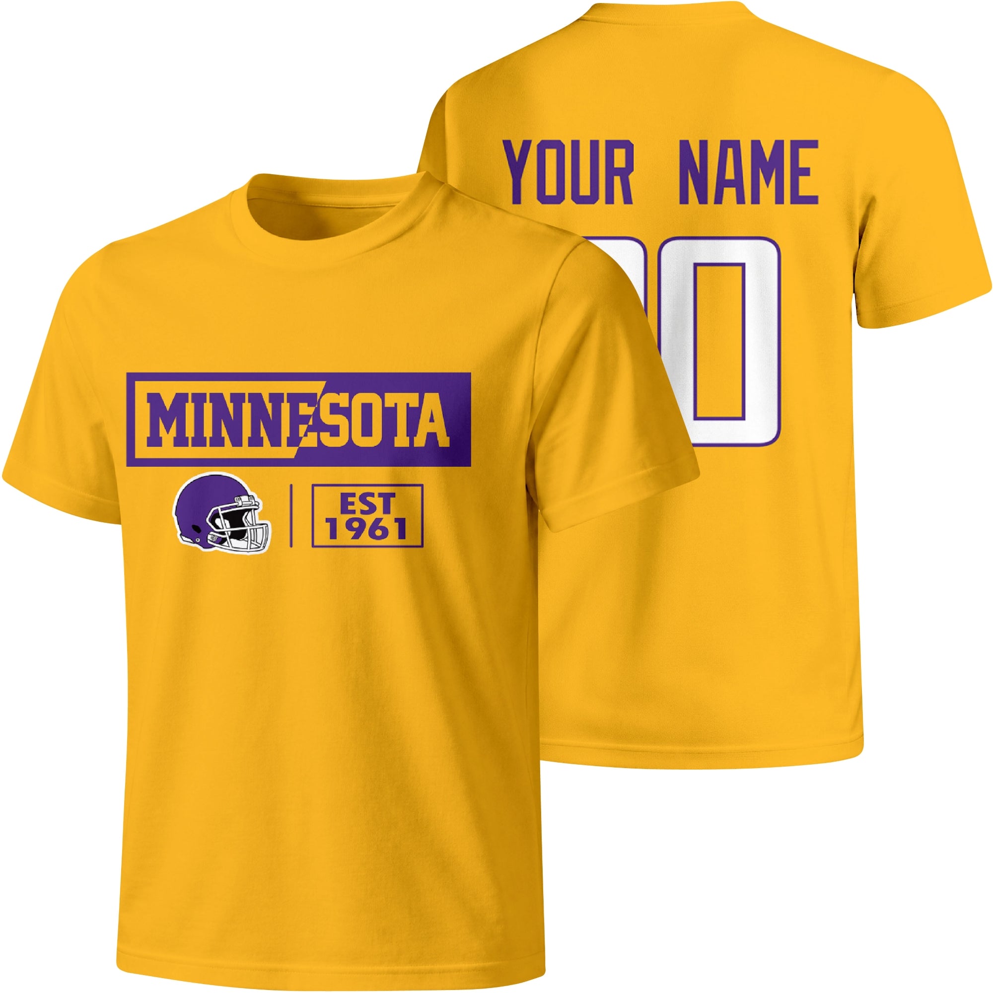 Minnesota personalized football badge T shirt in Gold showing front city helmet design and back custom name and number