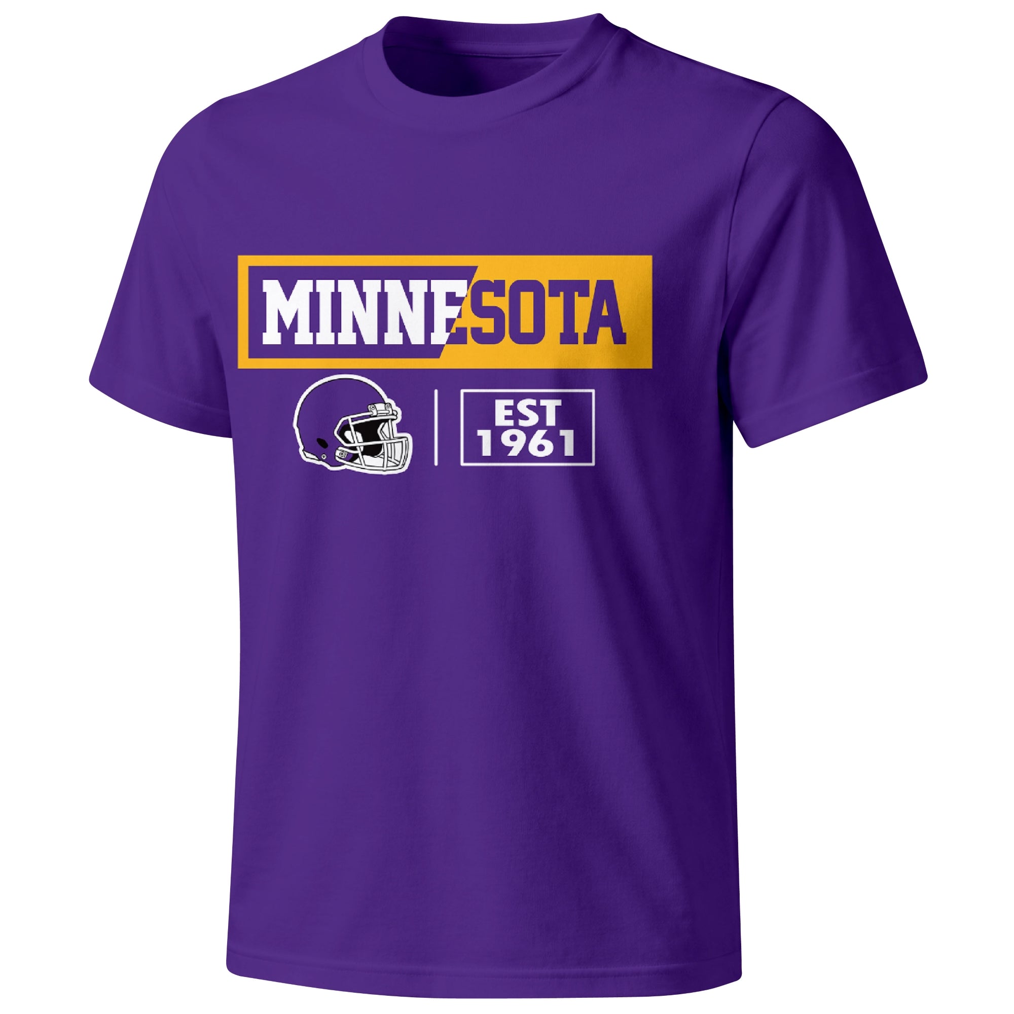 Minnesota football badge T shirt in Purple showing the front city and football helmet design