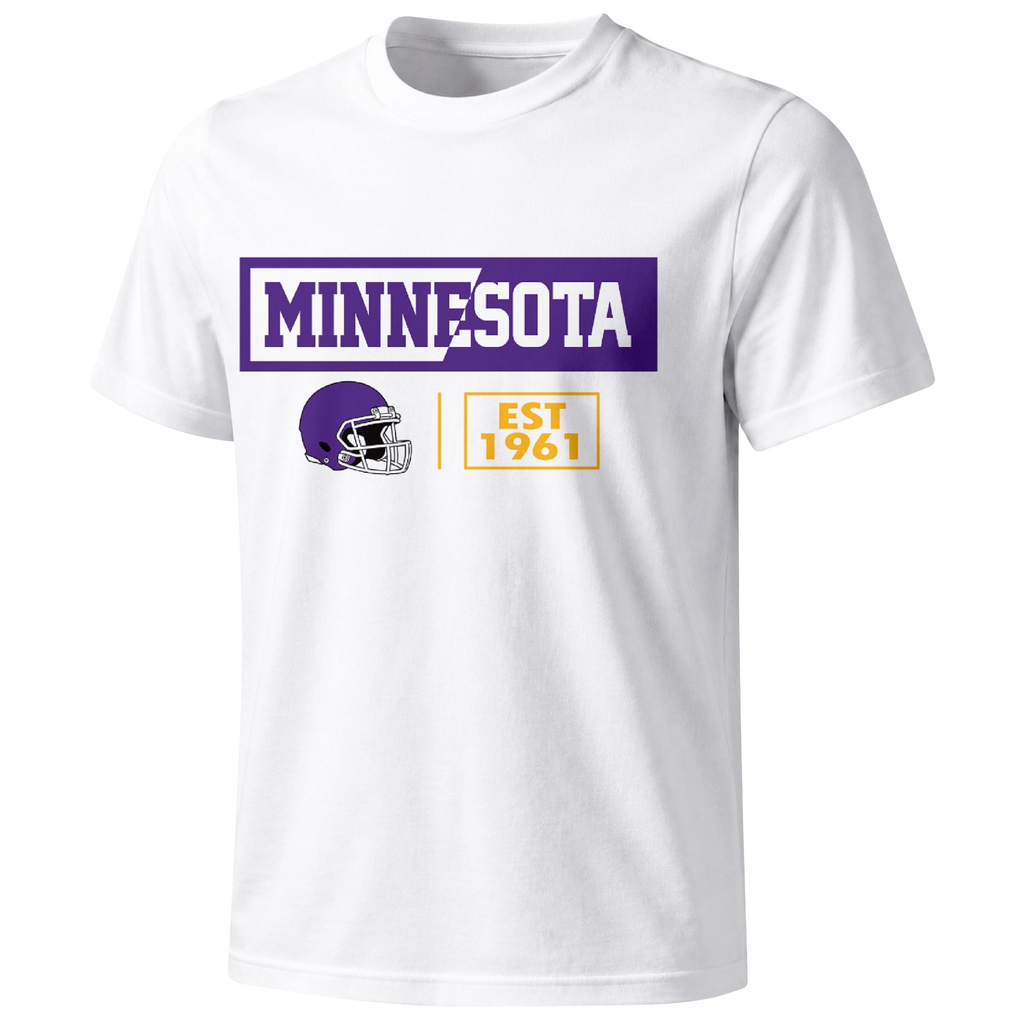 Minnesota football badge T shirt in White showing the front city and football helmet design