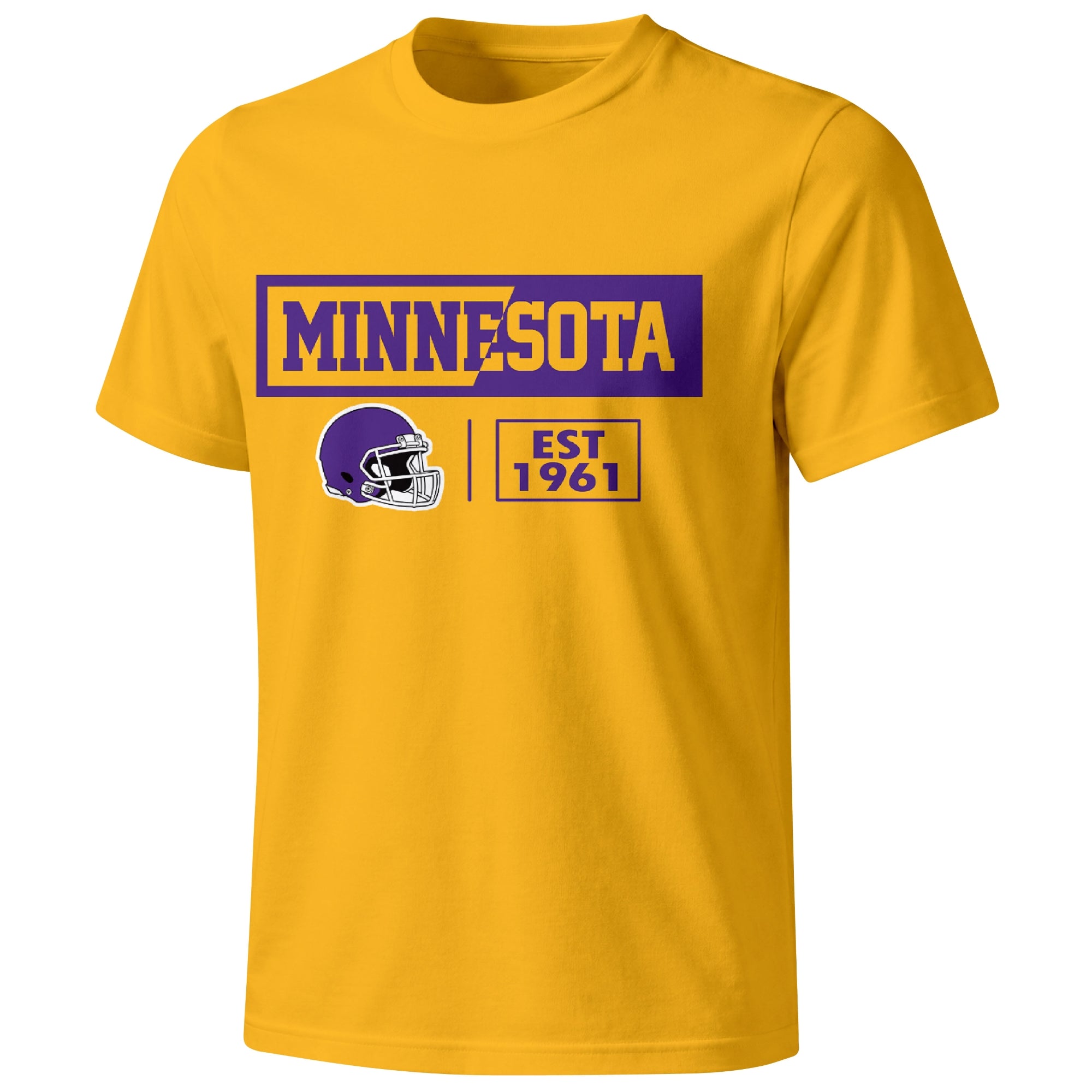 Minnesota football badge T shirt in Gold showing the front city and football helmet design