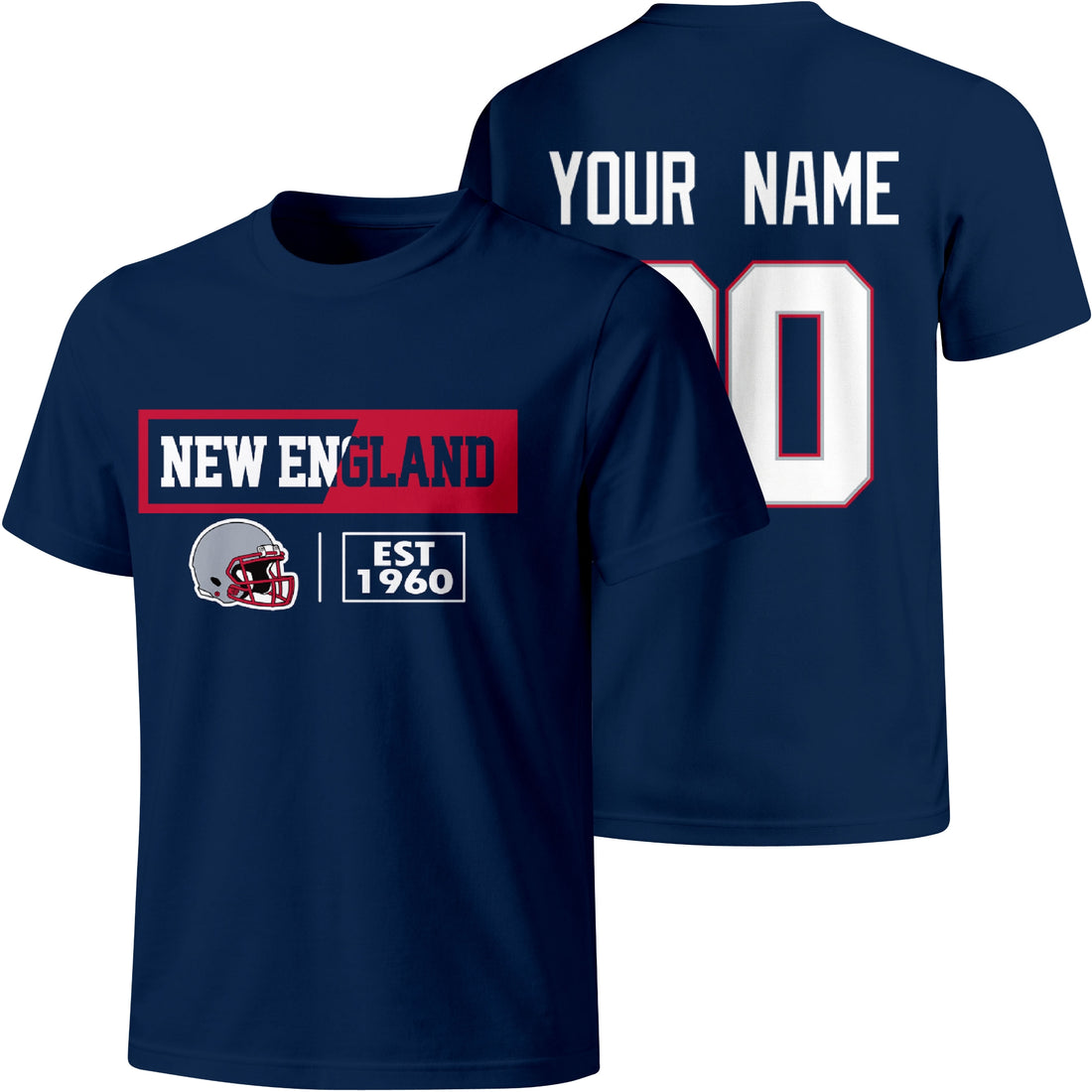 New England personalized football badge T shirt in Navy showing front city helmet design and back custom name and number