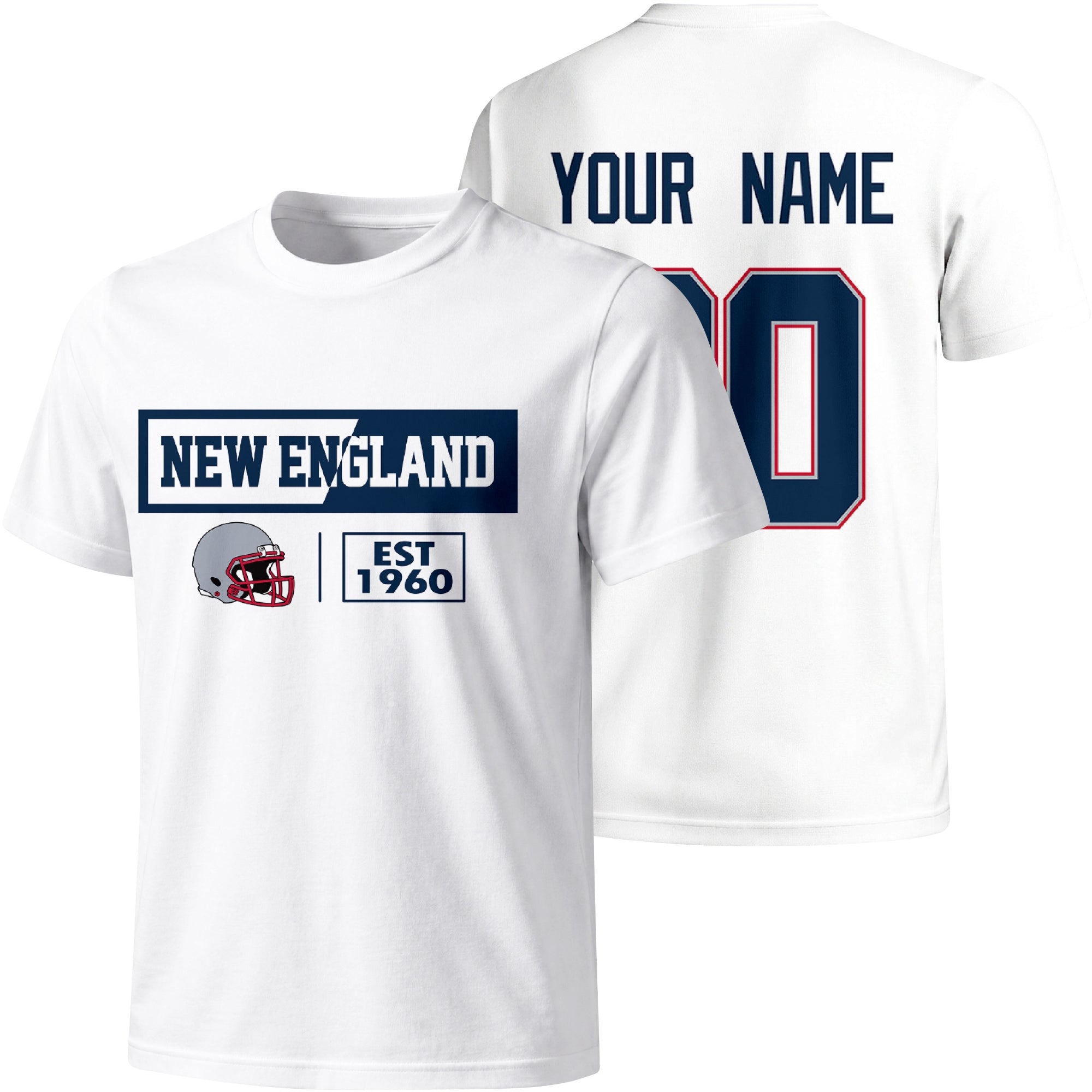 New England personalized football badge T shirt in White showing front city helmet design and back custom name and number