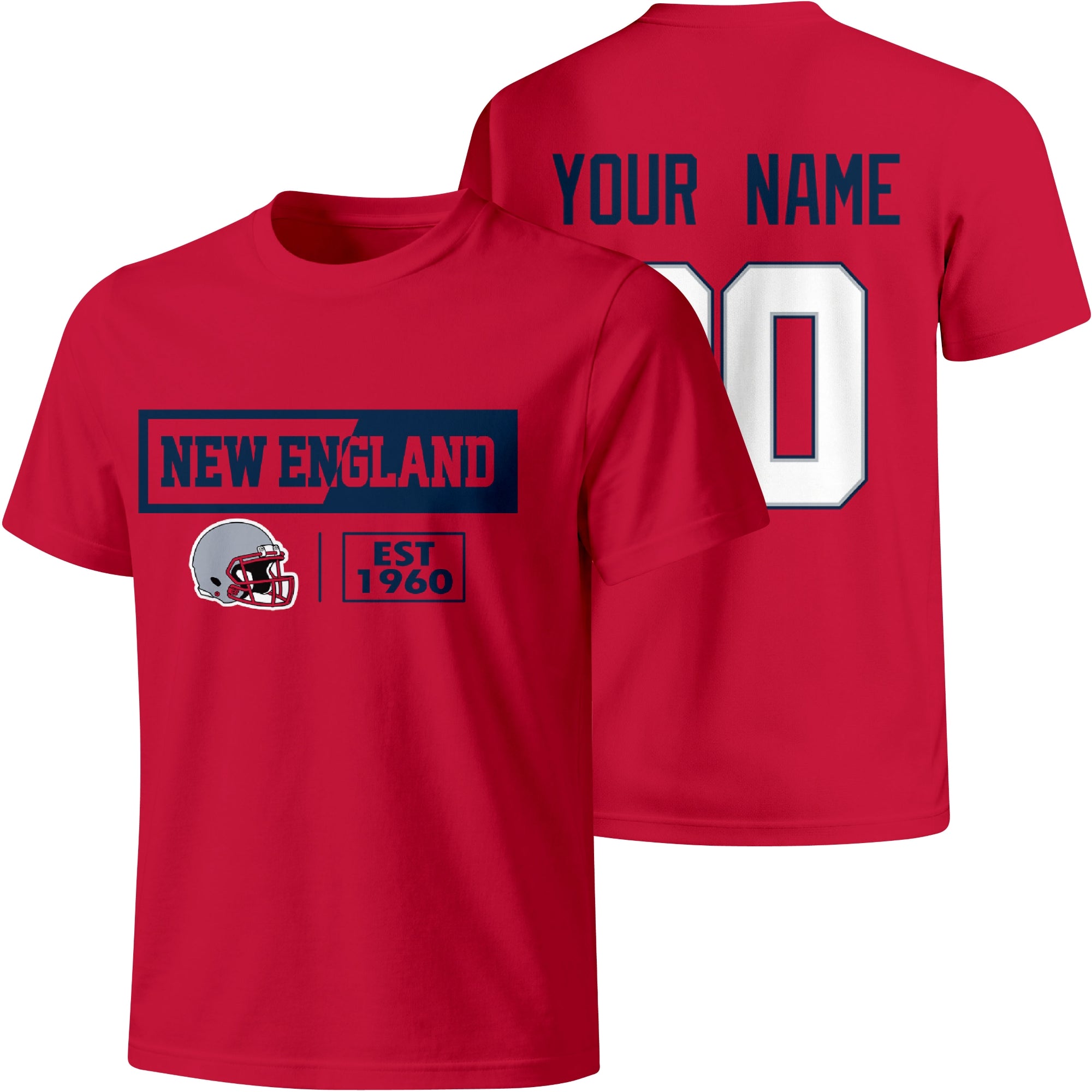 New England personalized football badge T shirt in Red showing front city helmet design and back custom name and number