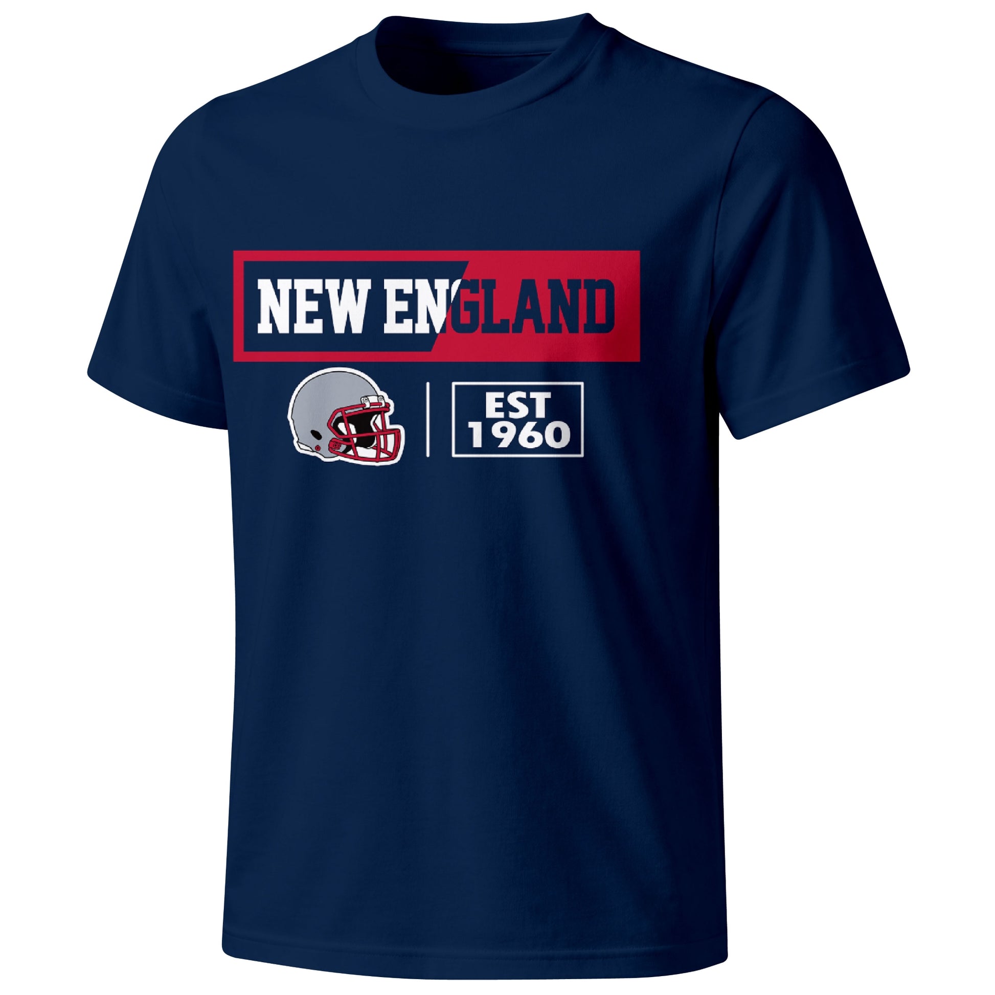 New England football badge T shirt in Navy showing the front city and football helmet design