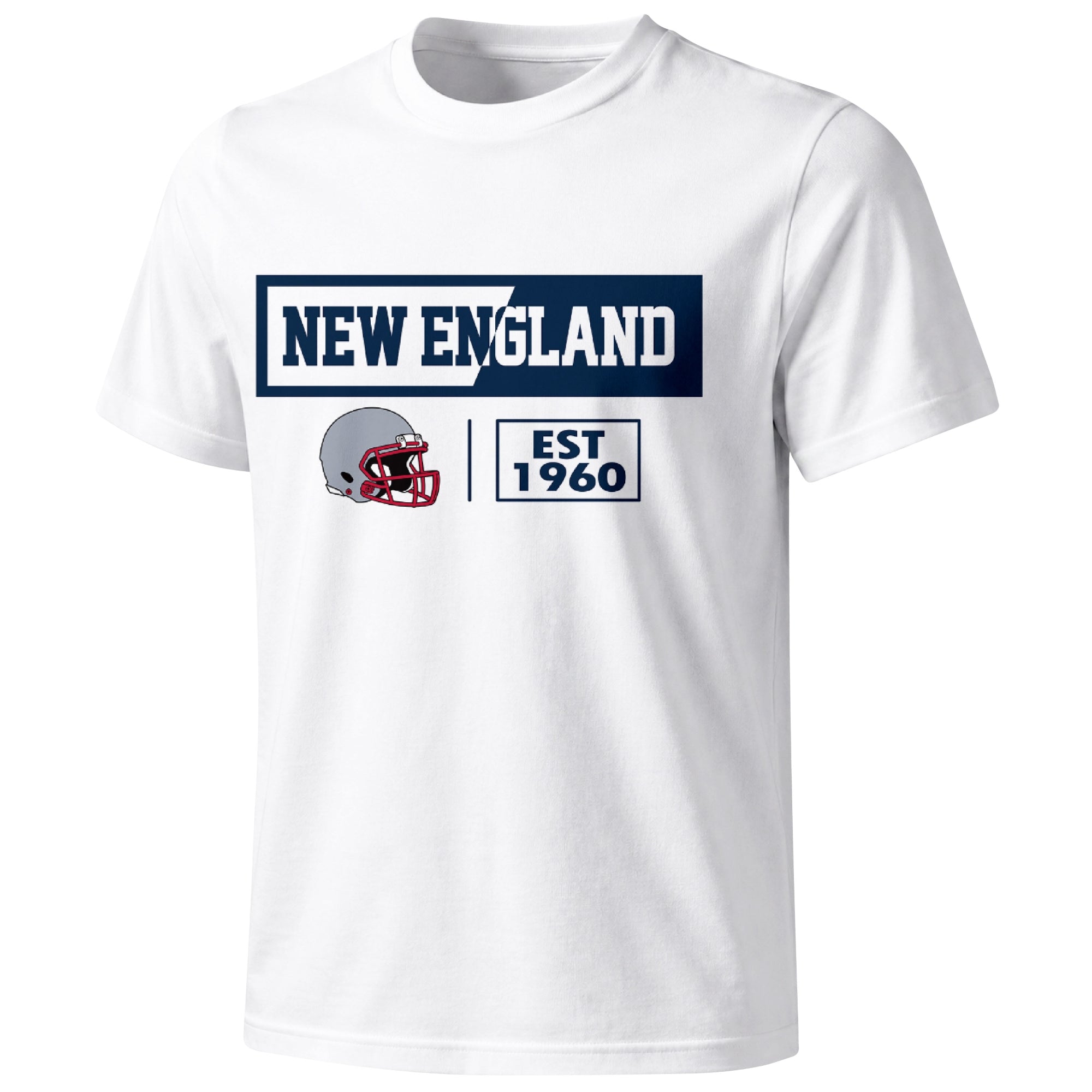 New England football badge T shirt in White showing the front city and football helmet design