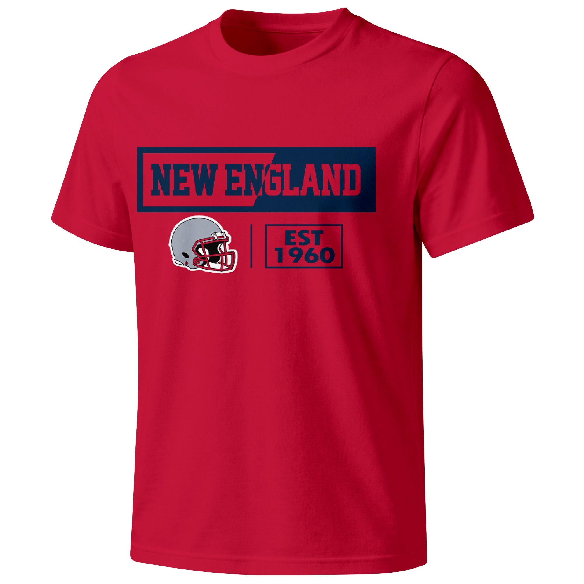 New England football badge T shirt in Red showing the front city and football helmet design