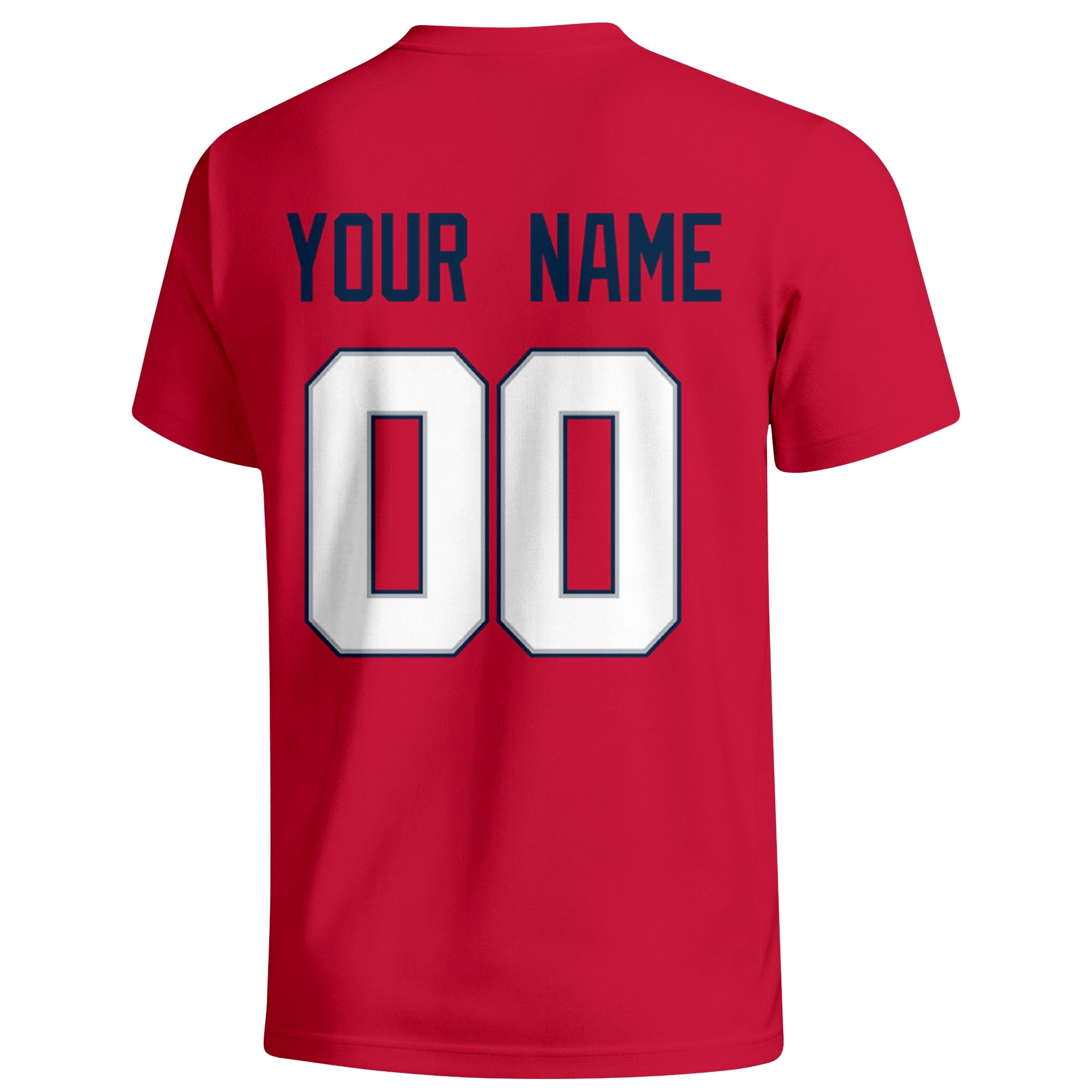 New England personalized football badge T shirt in Red showing the back custom name and number