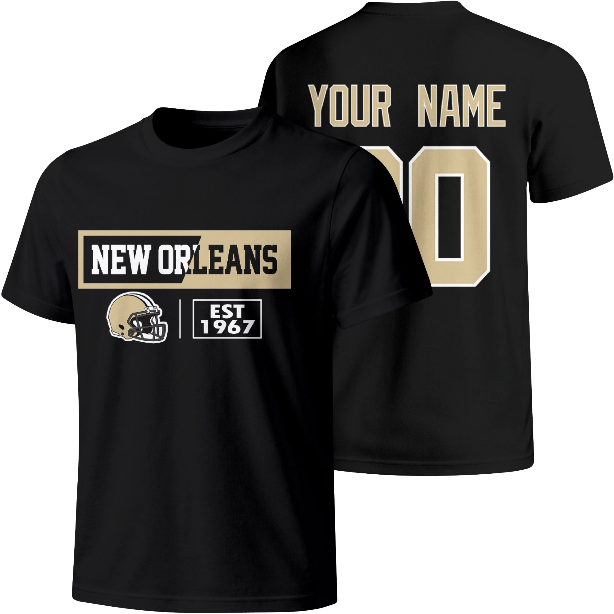 New Orleans personalized football badge T shirt in Black showing front city helmet design and back custom name and number