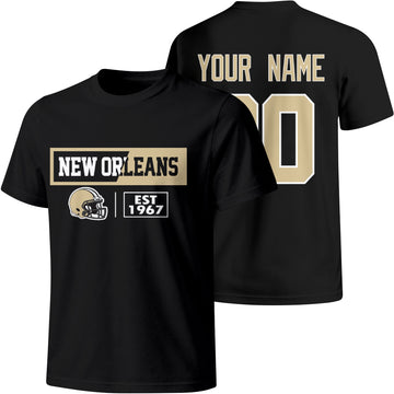 New Orleans personalized football badge T shirt in Black showing front city helmet design and back custom name and number