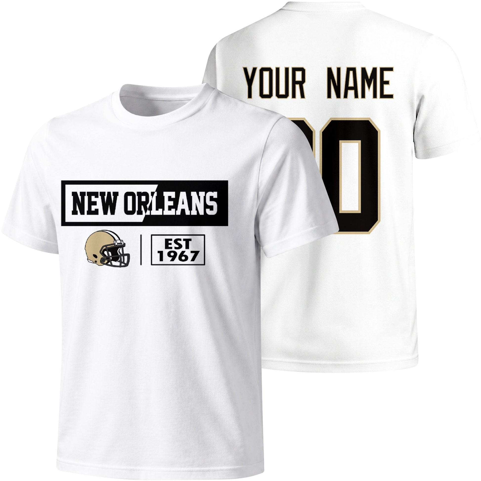 New Orleans personalized football badge T shirt in White showing front city helmet design and back custom name and number