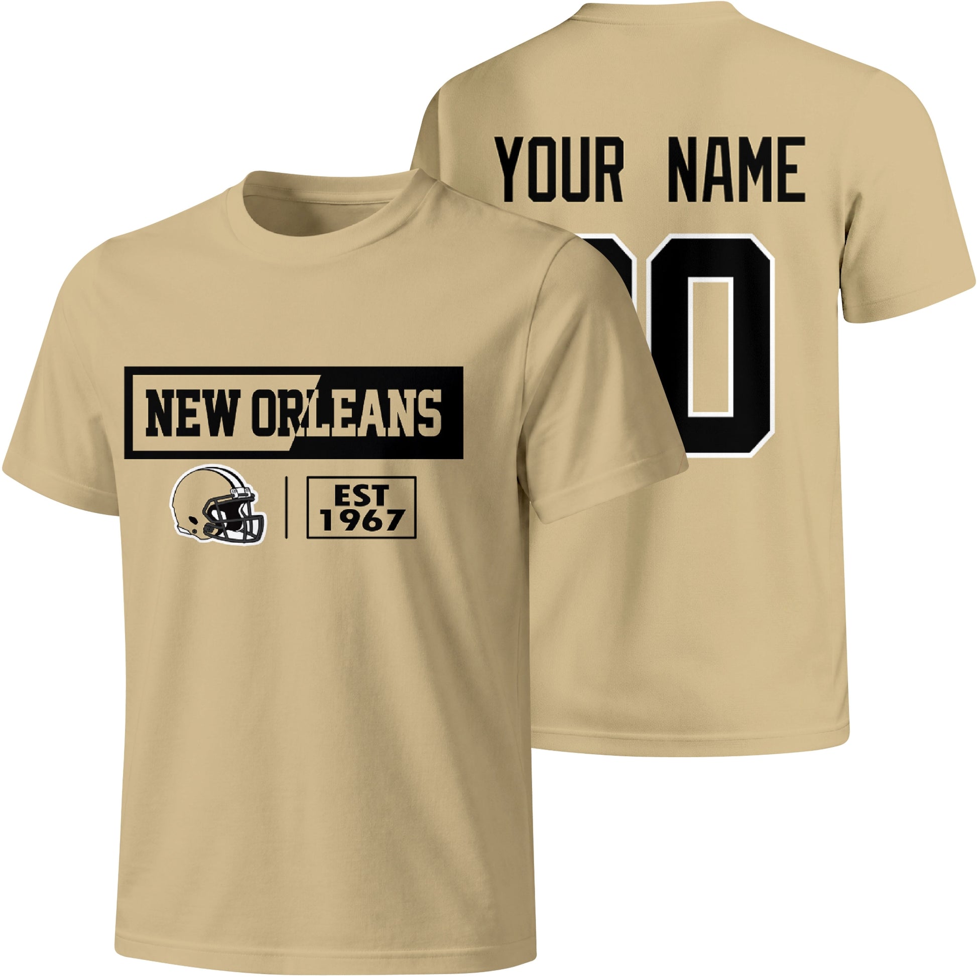 New Orleans personalized football badge T shirt in Gold showing front city helmet design and back custom name and number