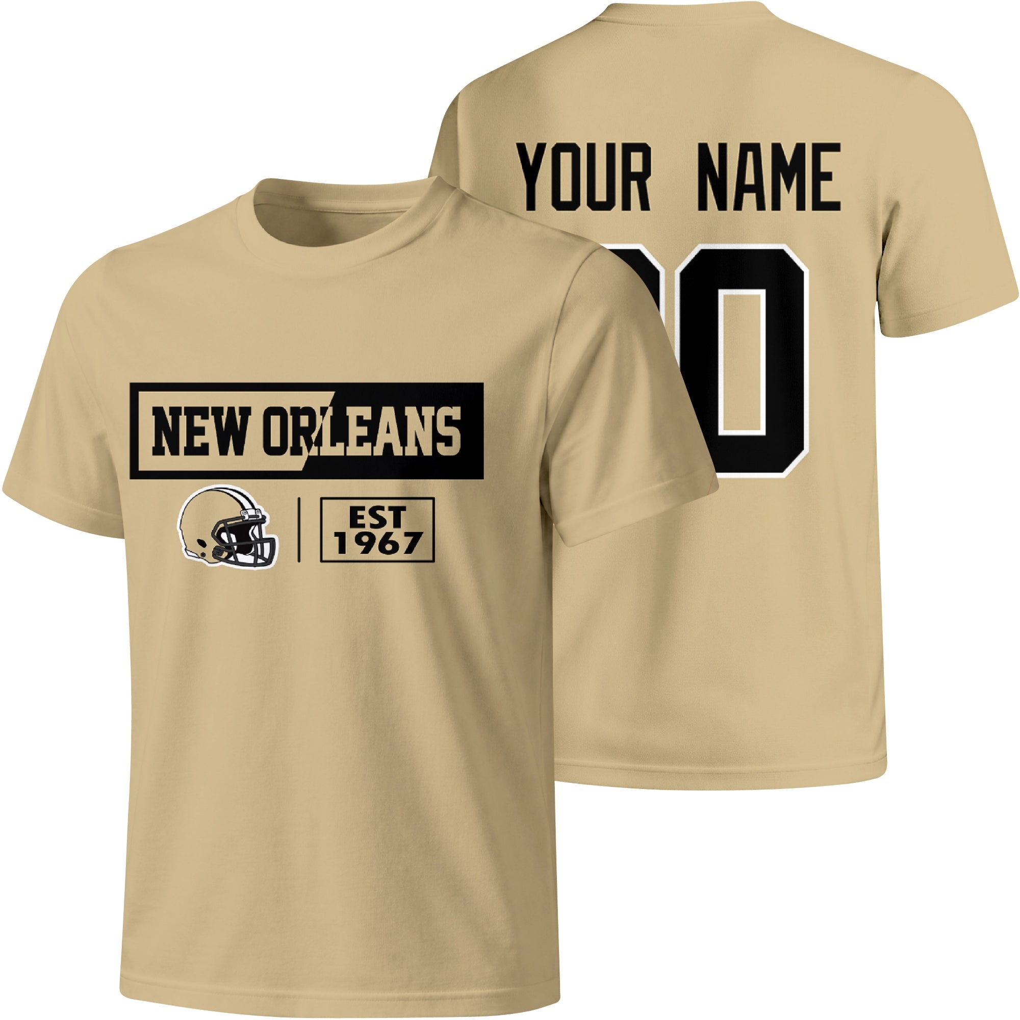 New Orleans personalized football badge T shirt in Gold showing front city helmet design and back custom name and number