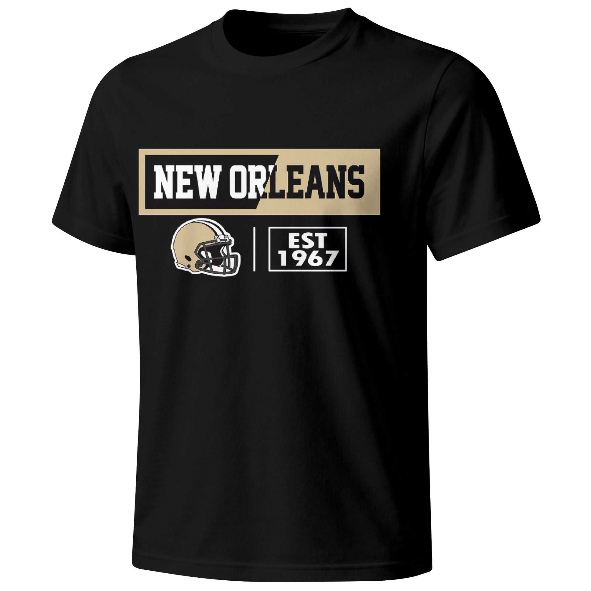 New Orleans football badge T shirt in Black showing the front city and football helmet design