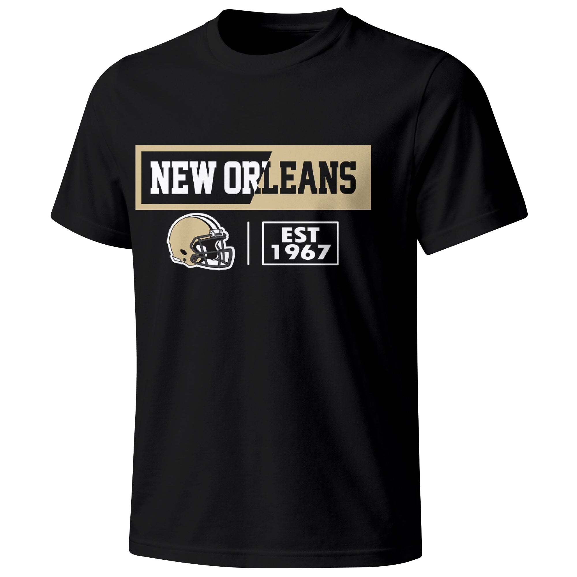 New Orleans football badge T shirt in Black showing the front city and football helmet design