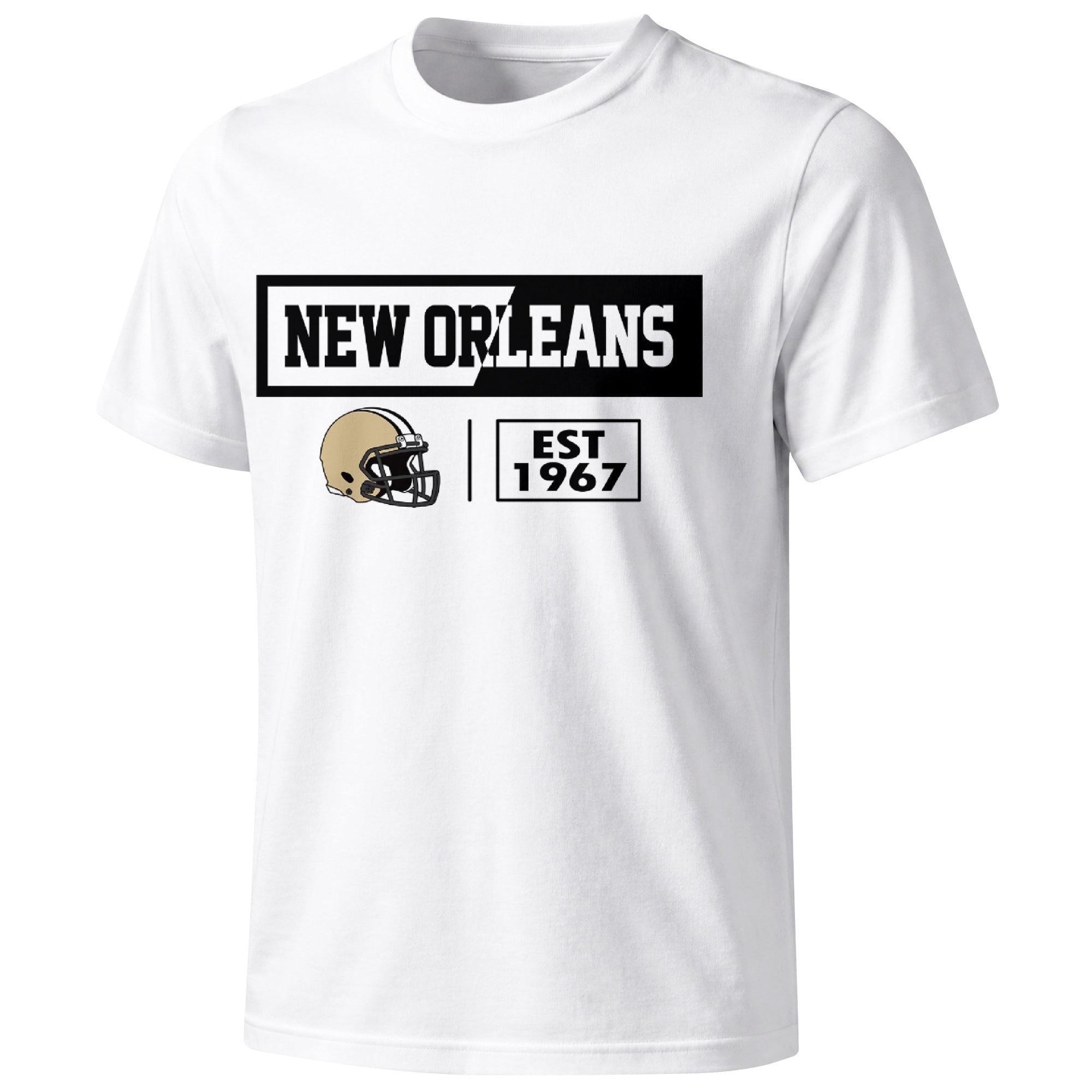 New Orleans football badge T shirt in White showing the front city and football helmet design