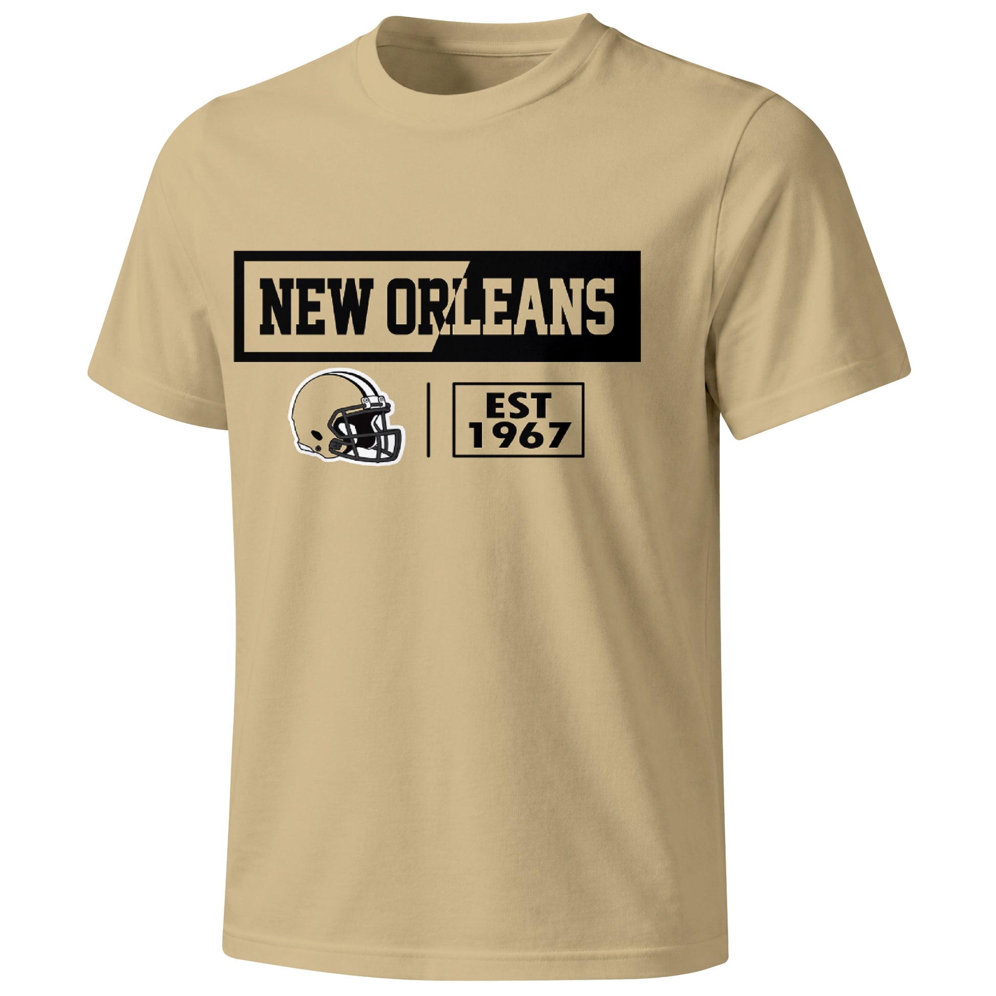 New Orleans football badge T shirt in Gold showing the front city and football helmet design
