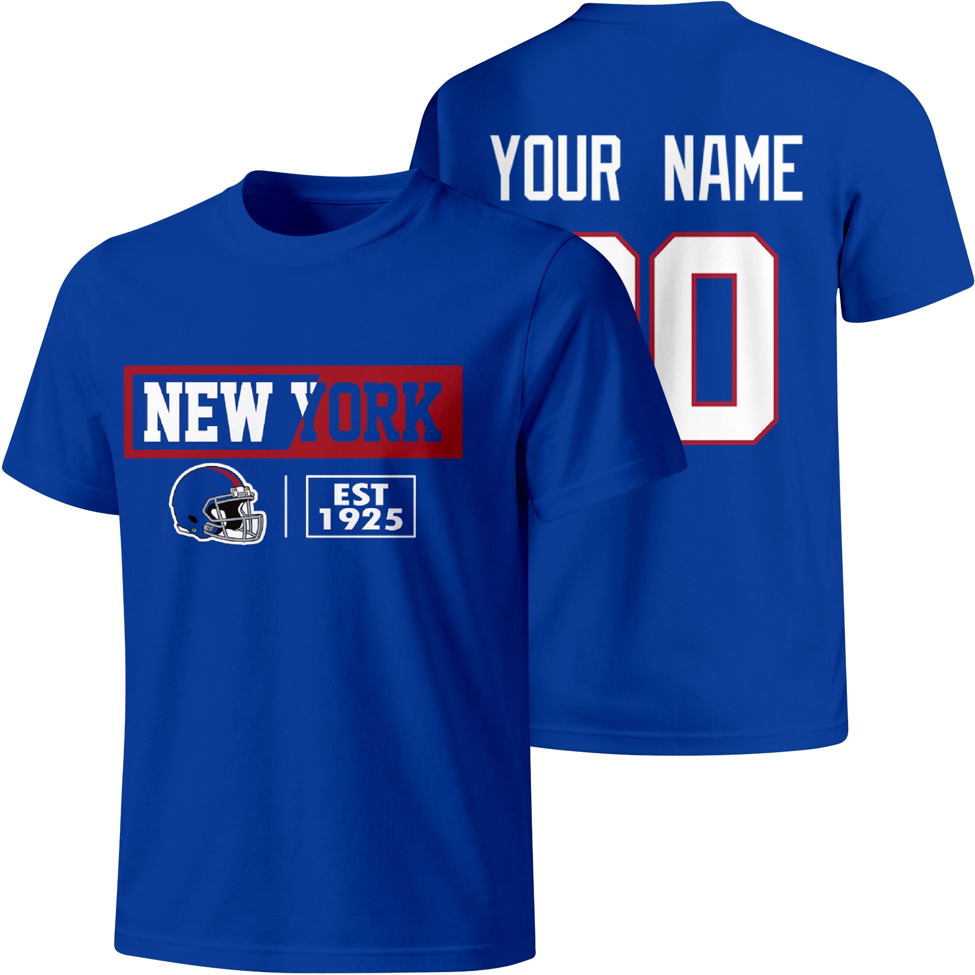 New York Blue personalized football badge T shirt in Royal showing front city helmet design and back custom name and number