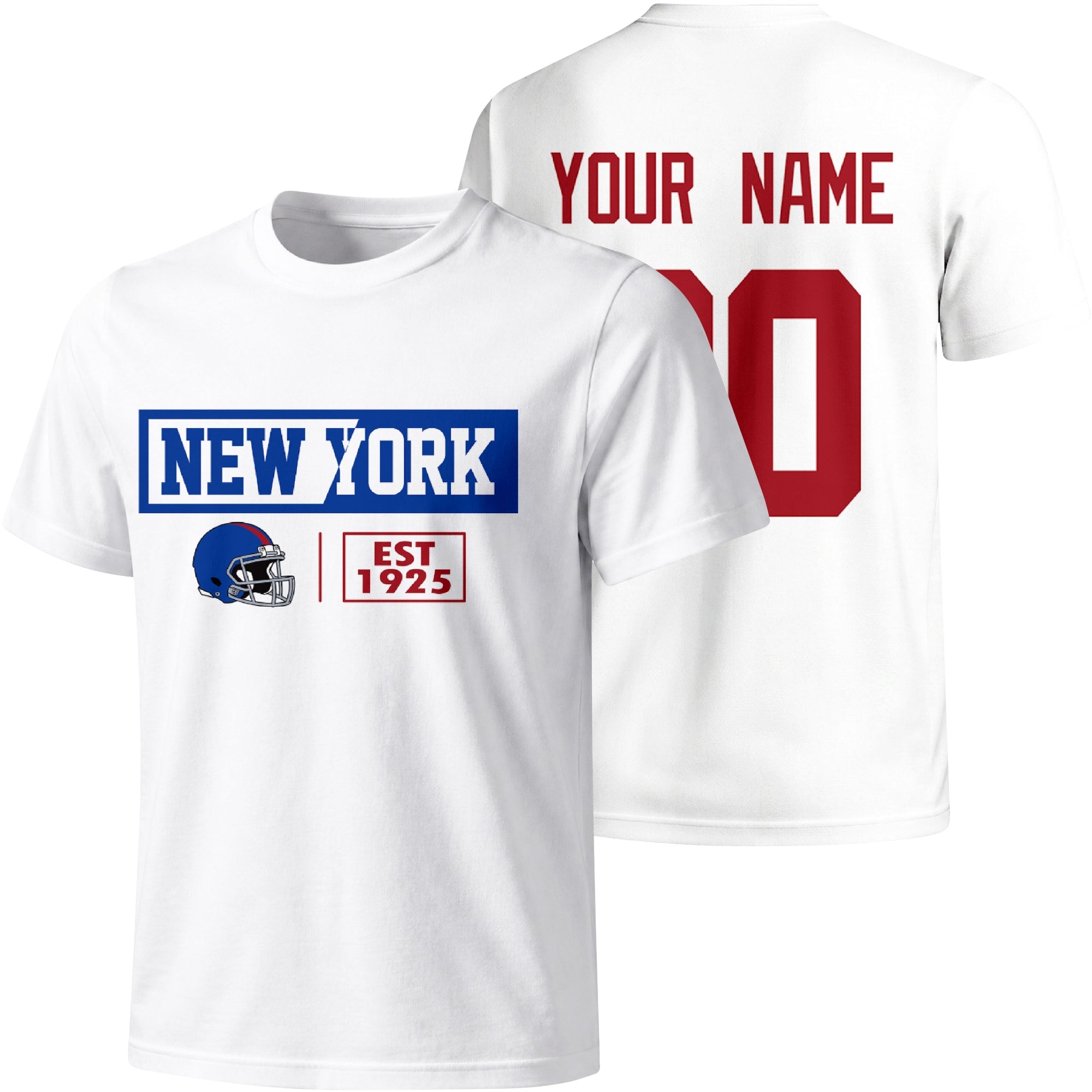 New York Blue personalized football badge T shirt in White showing front city helmet design and back custom name and number