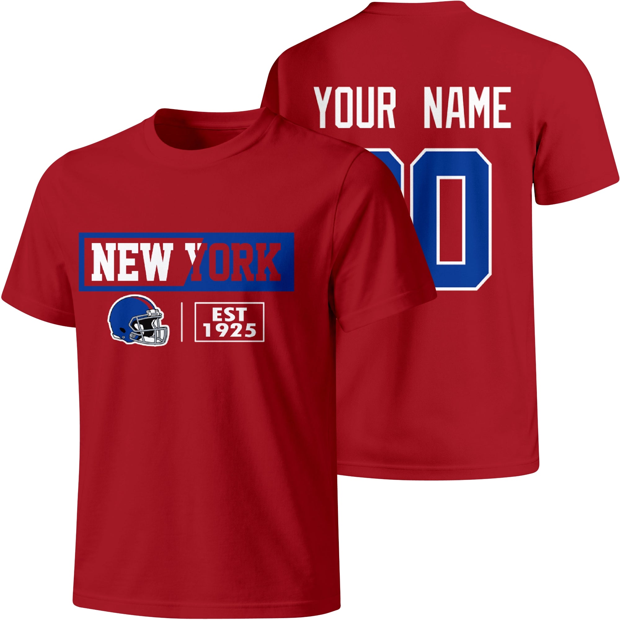 New York Blue personalized football badge T shirt in Red showing front city helmet design and back custom name and number