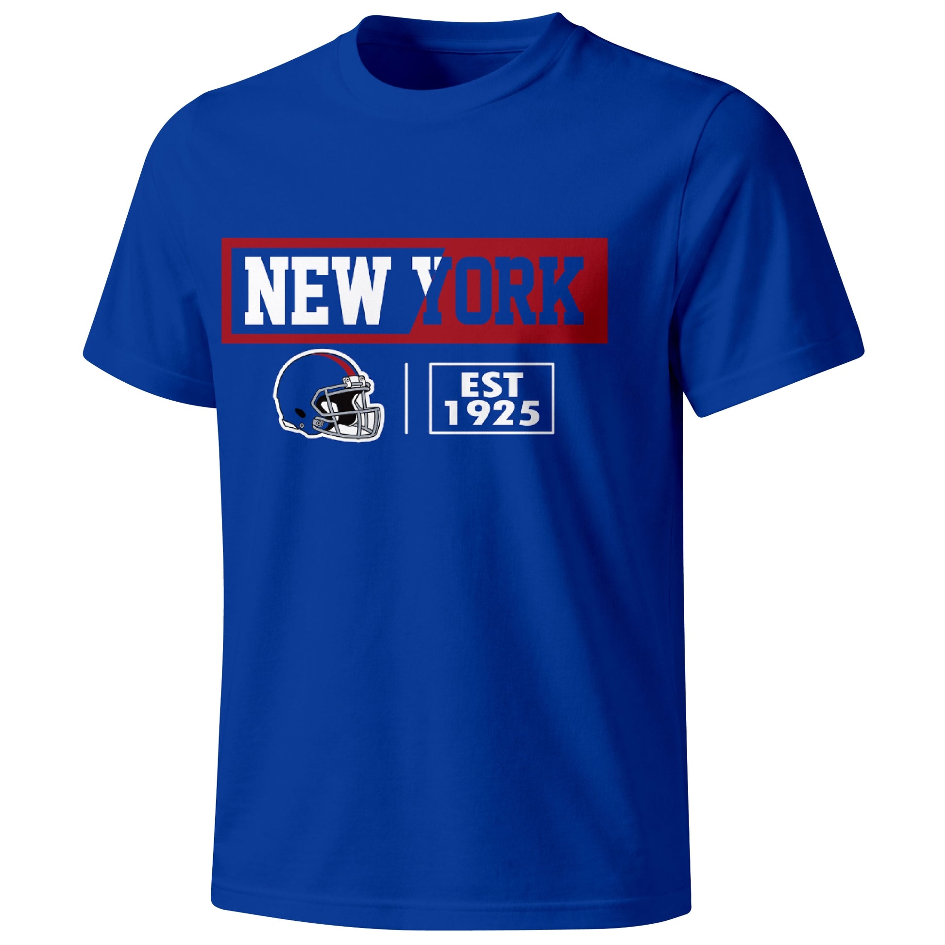 New York Blue football badge T shirt in Royal showing the front city and football helmet design