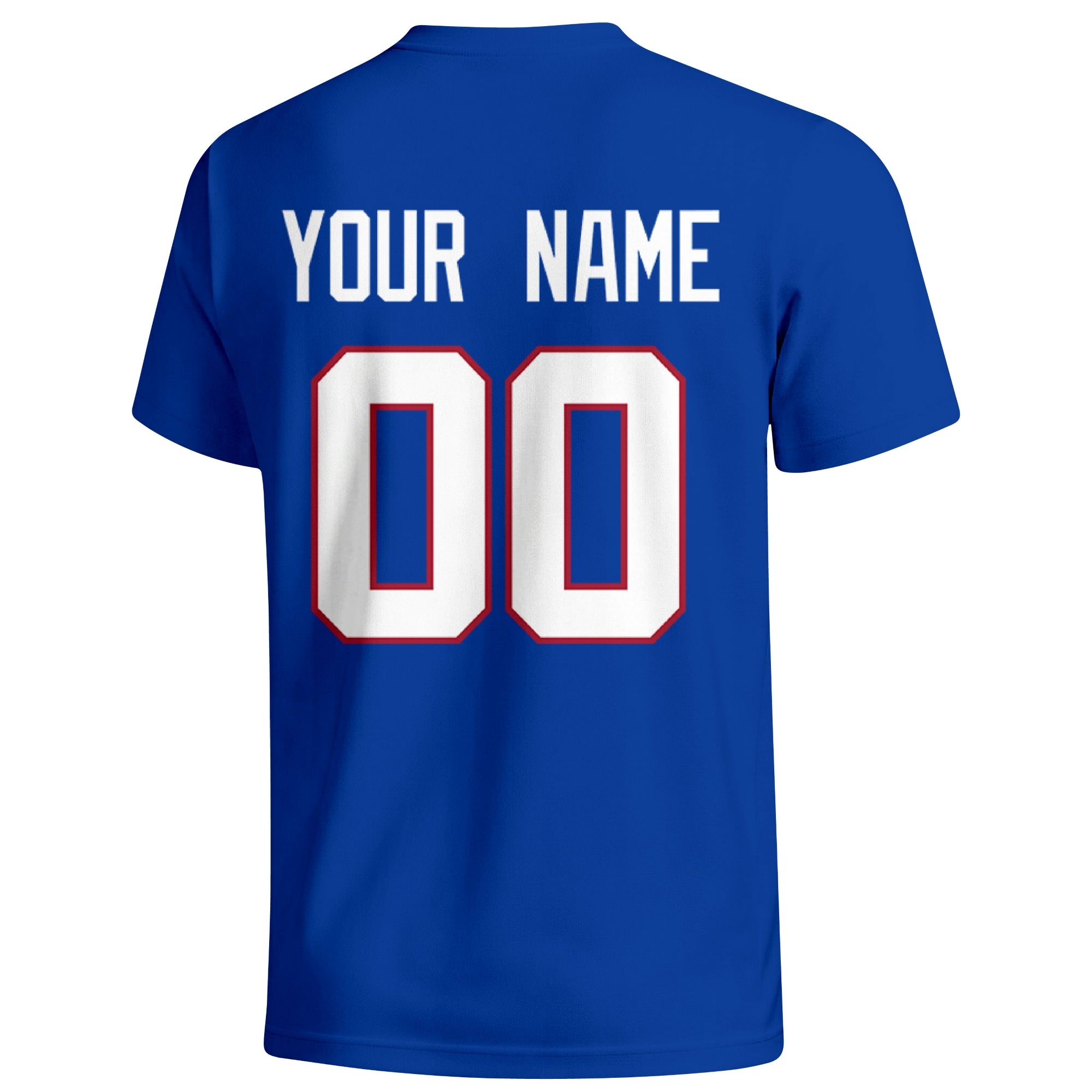 New York Blue personalized football badge T shirt in Royal showing the back custom name and number