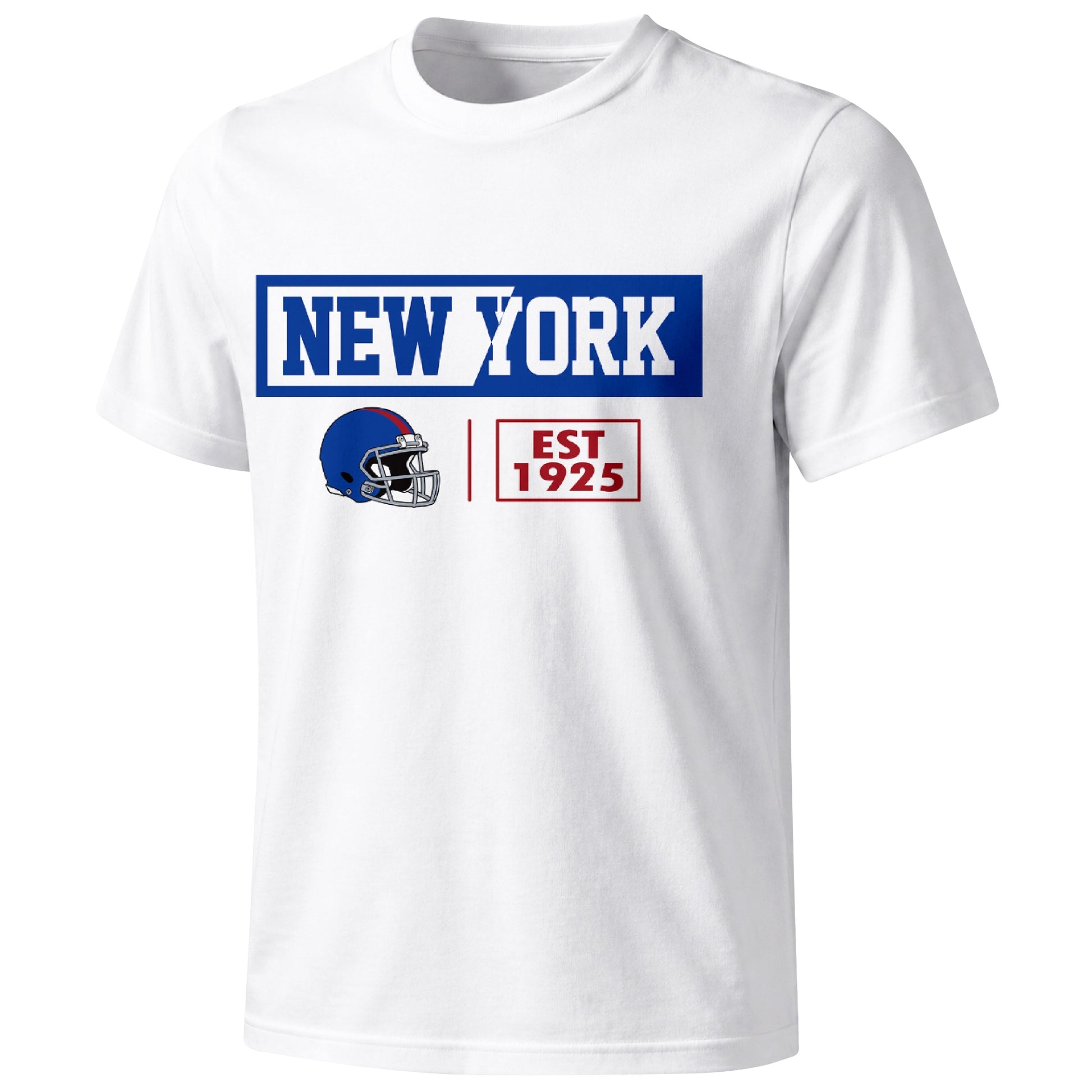 New York Blue football badge T shirt in White showing the front city and football helmet design
