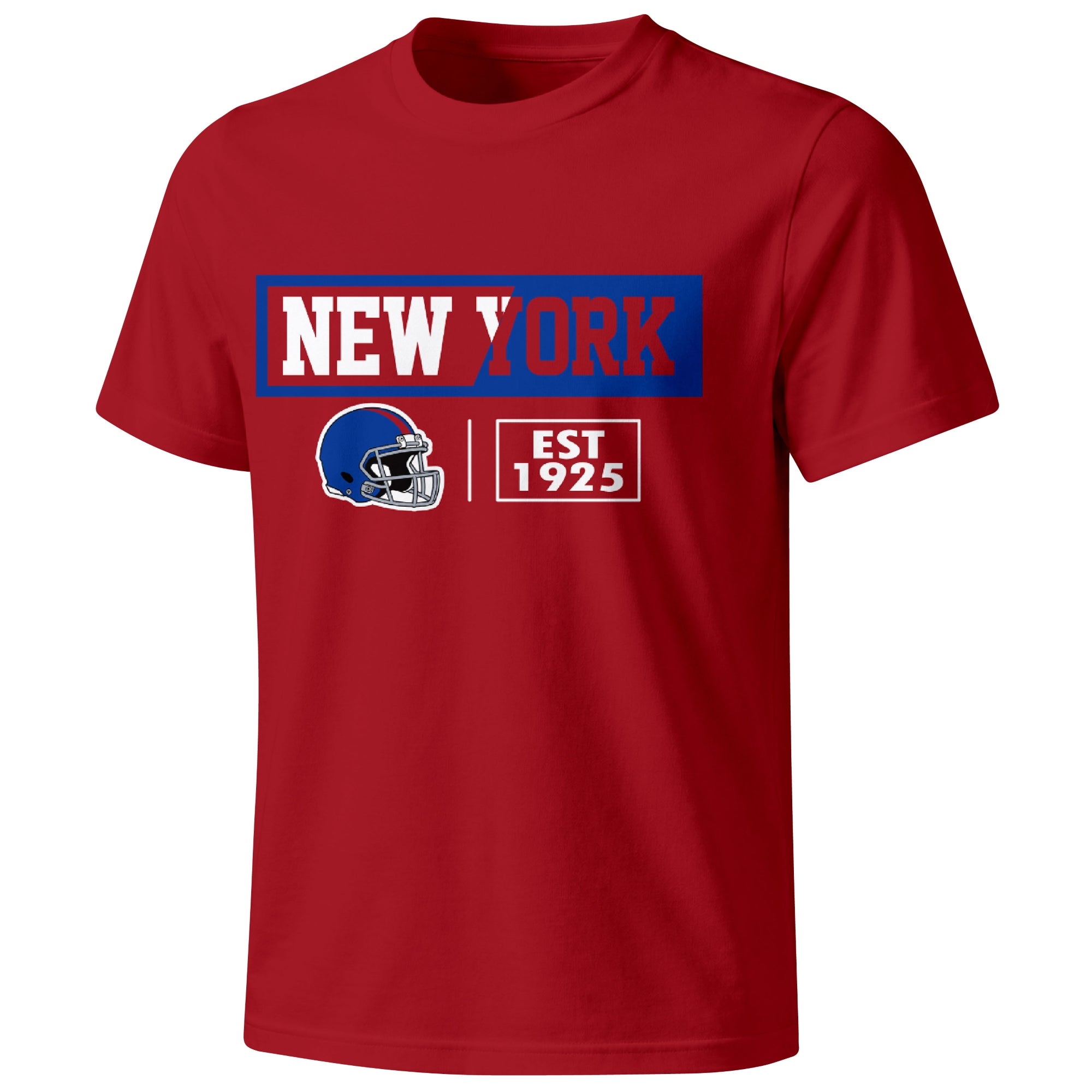 New York Blue football badge T shirt in Red showing the front city and football helmet design