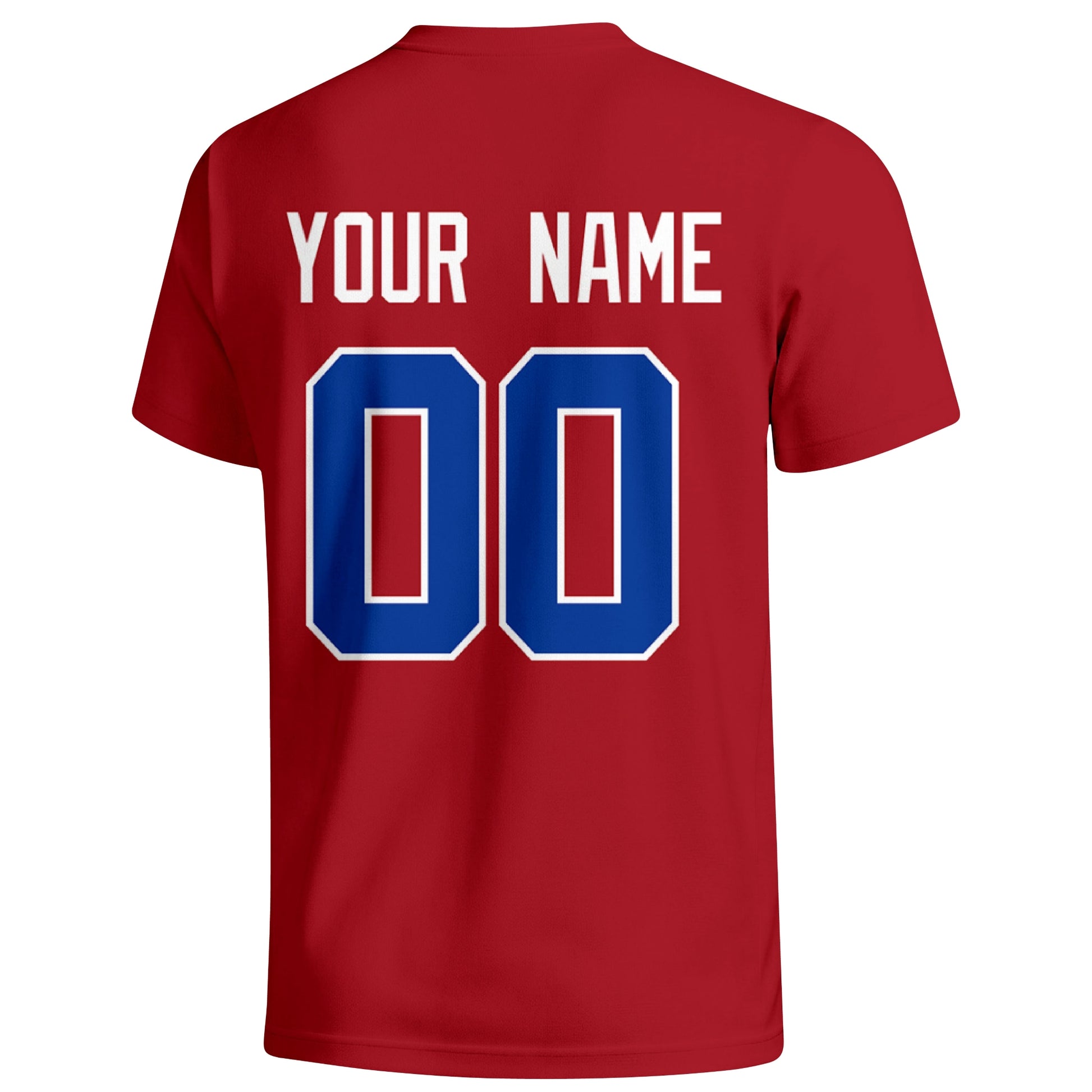 New York Blue personalized football badge T shirt in Red showing the back custom name and number