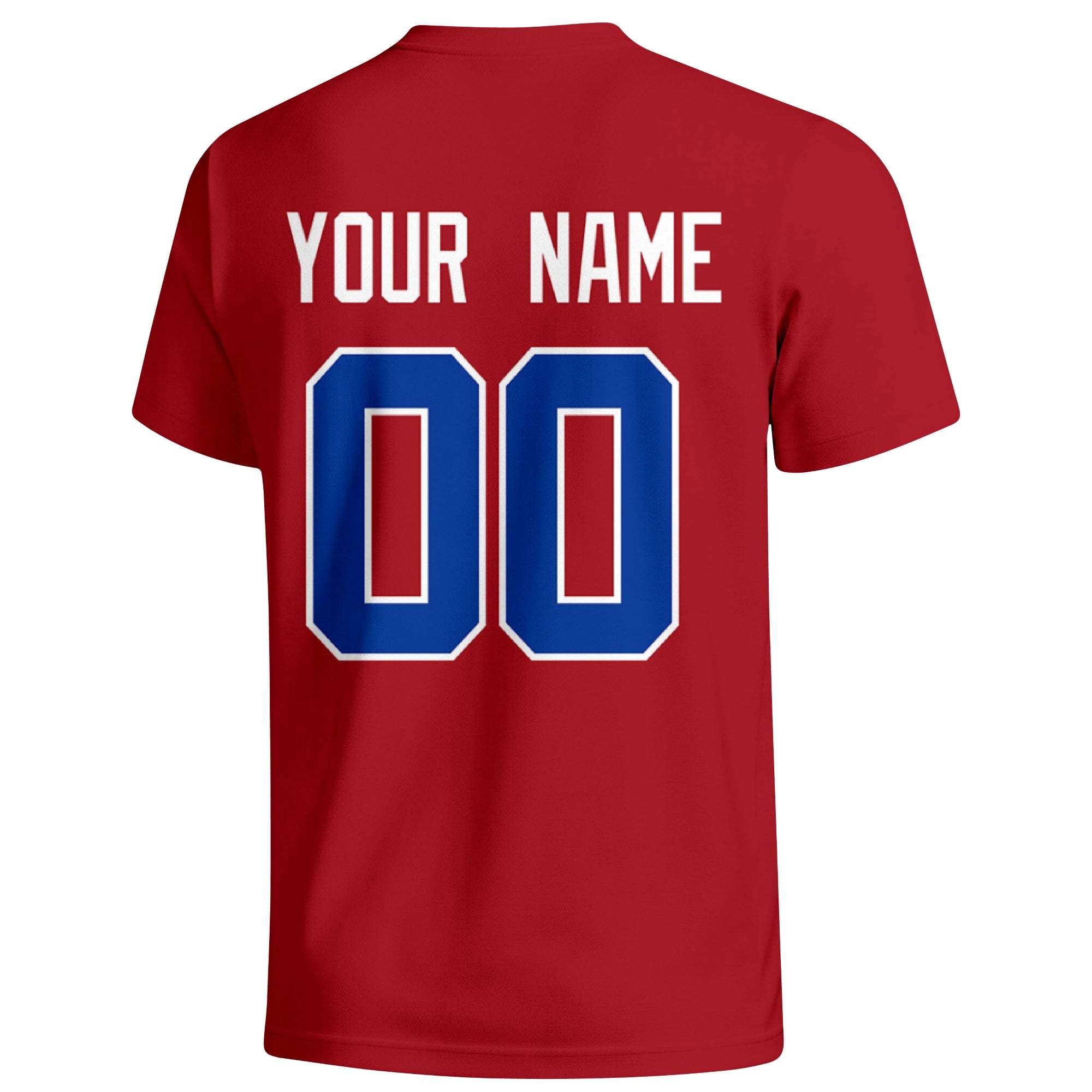 New York Blue personalized football badge T shirt in Red showing the back custom name and number