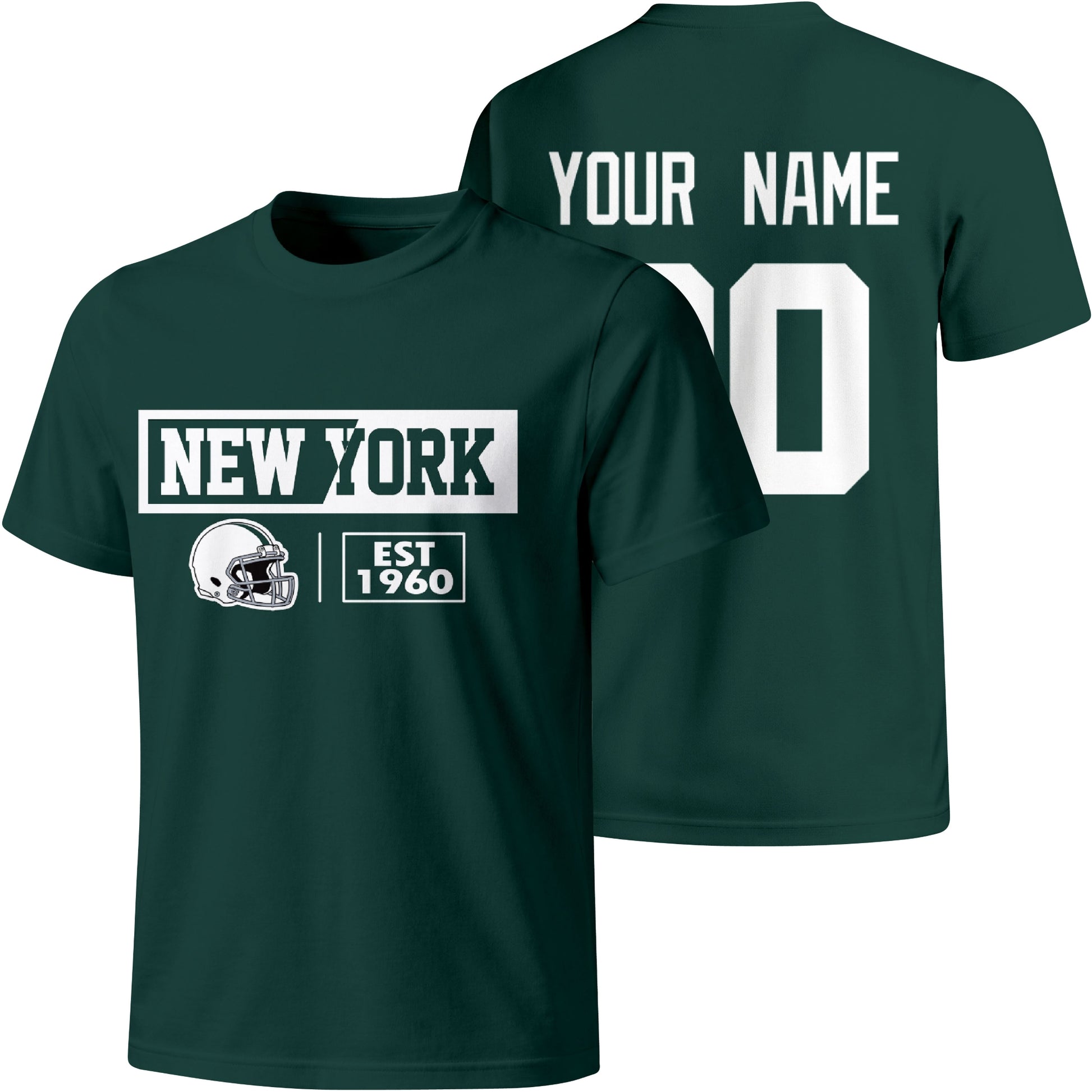 New York Green personalized football badge T shirt in Green showing front city helmet design and back custom name and number