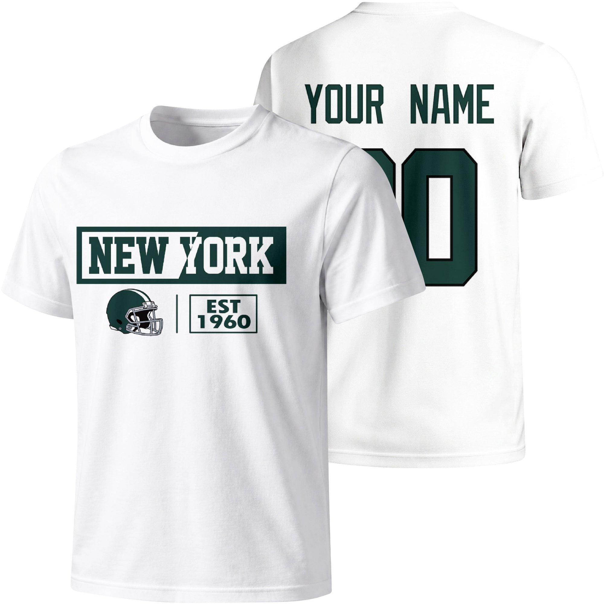 New York Green personalized football badge T shirt in White showing front city helmet design and back custom name and number