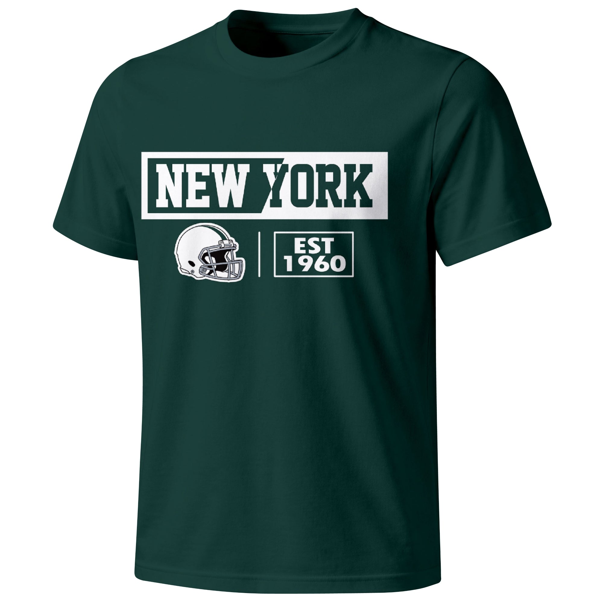 New York Green football badge T shirt in Green showing the front city and football helmet design
