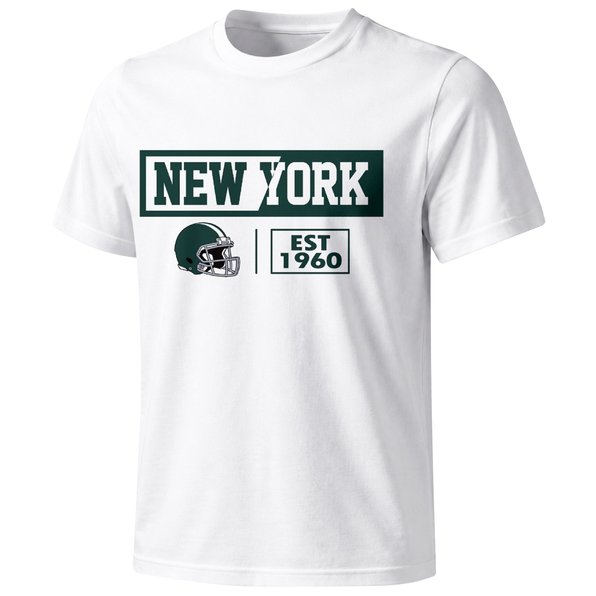 New York Green football badge T shirt in White showing the front city and football helmet design