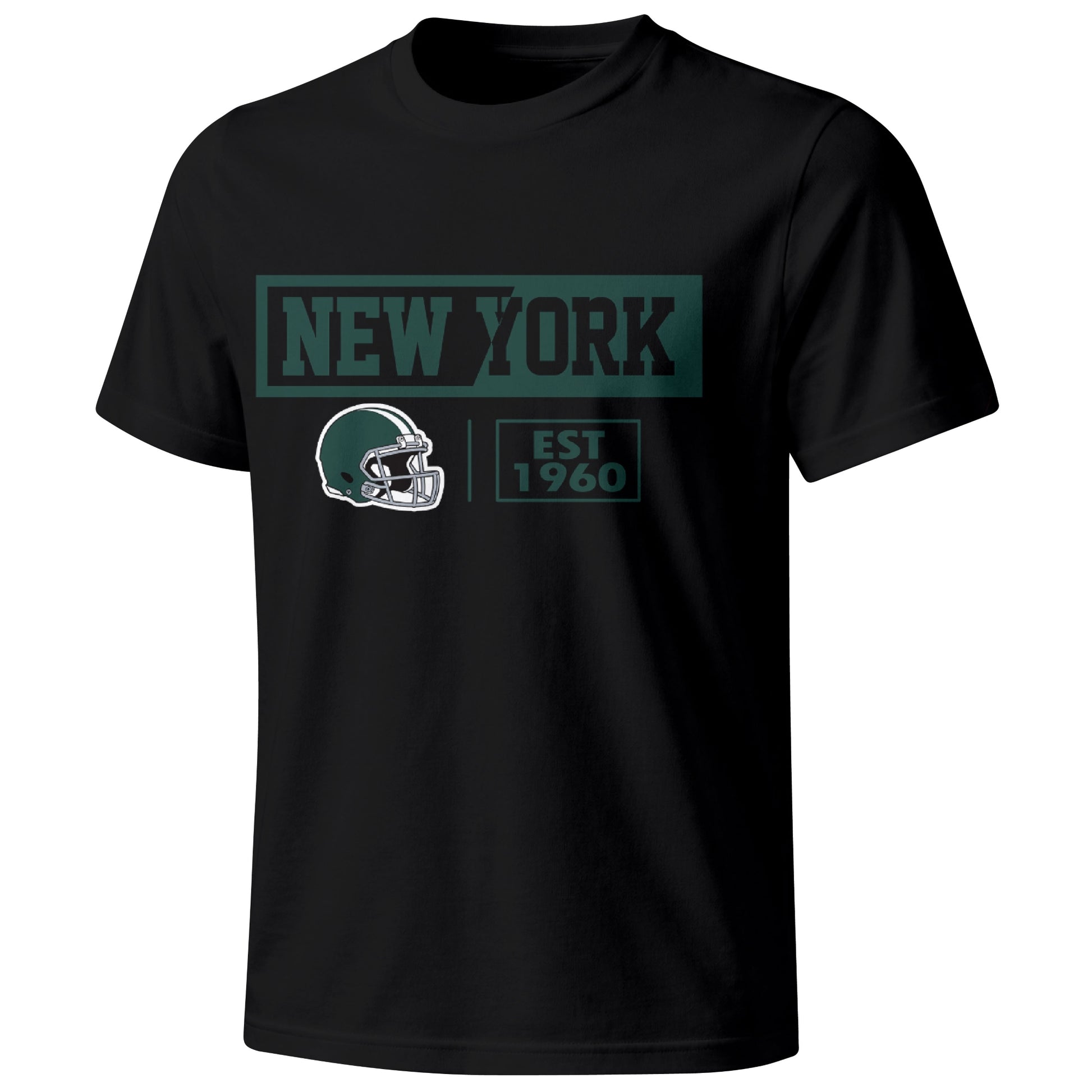 New York Green football badge T shirt in Black showing the front city and football helmet design