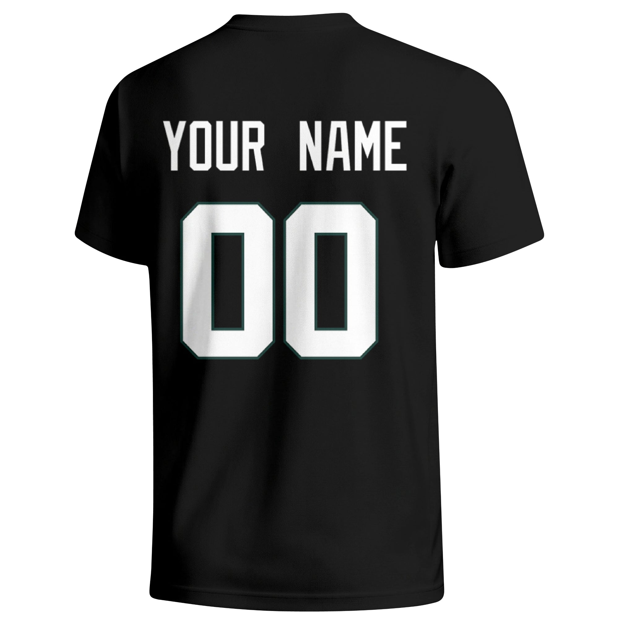 New York Green personalized football badge T shirt in Black showing the back custom name and number