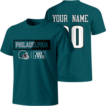 Philadelphia personalized football badge T shirt in Midnight Green showing front city helmet design and back custom name and number