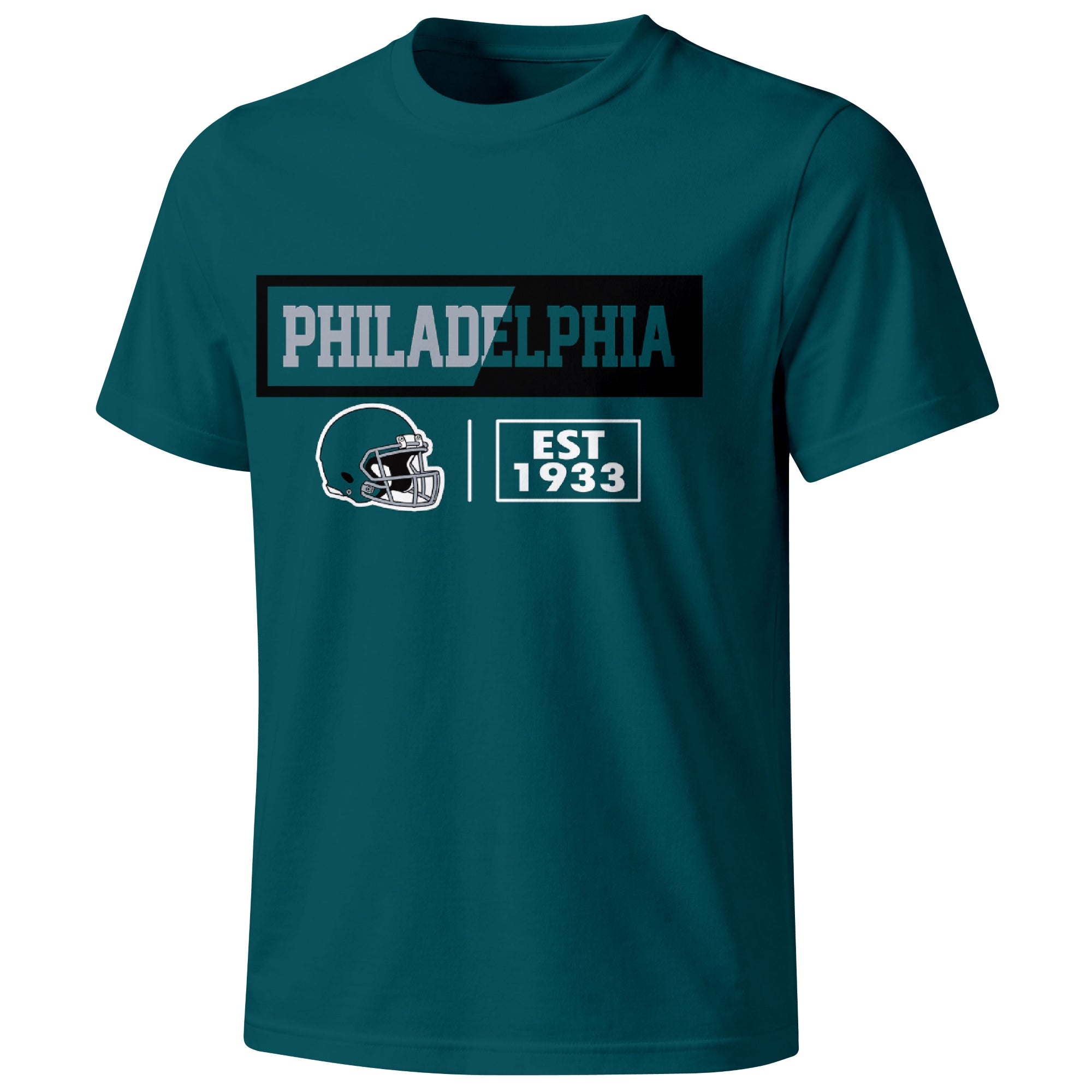 Philadelphia football badge T shirt in Midnight Green showing the front city and football helmet design