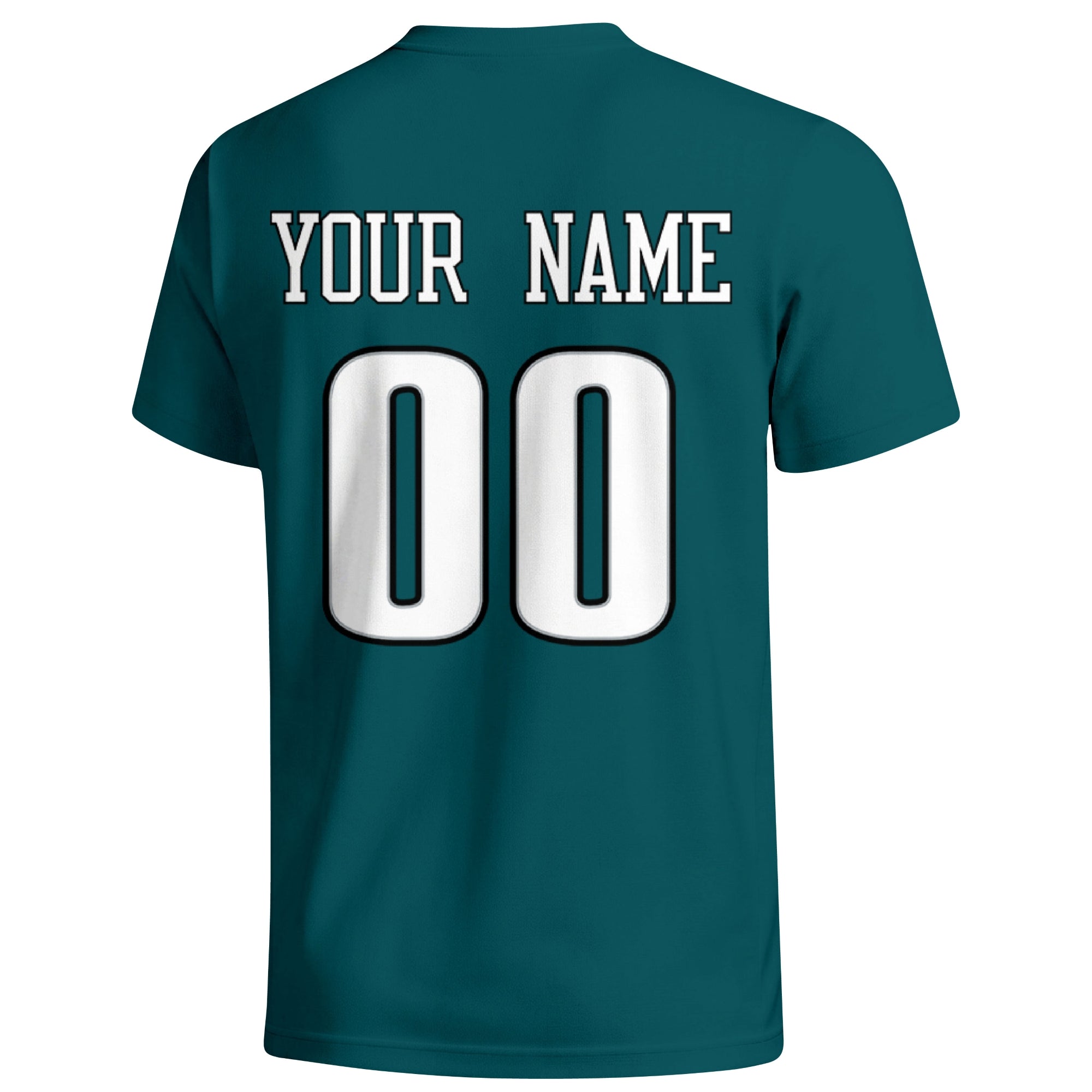 Philadelphia personalized football badge T shirt in Midnight Green showing the back custom name and number