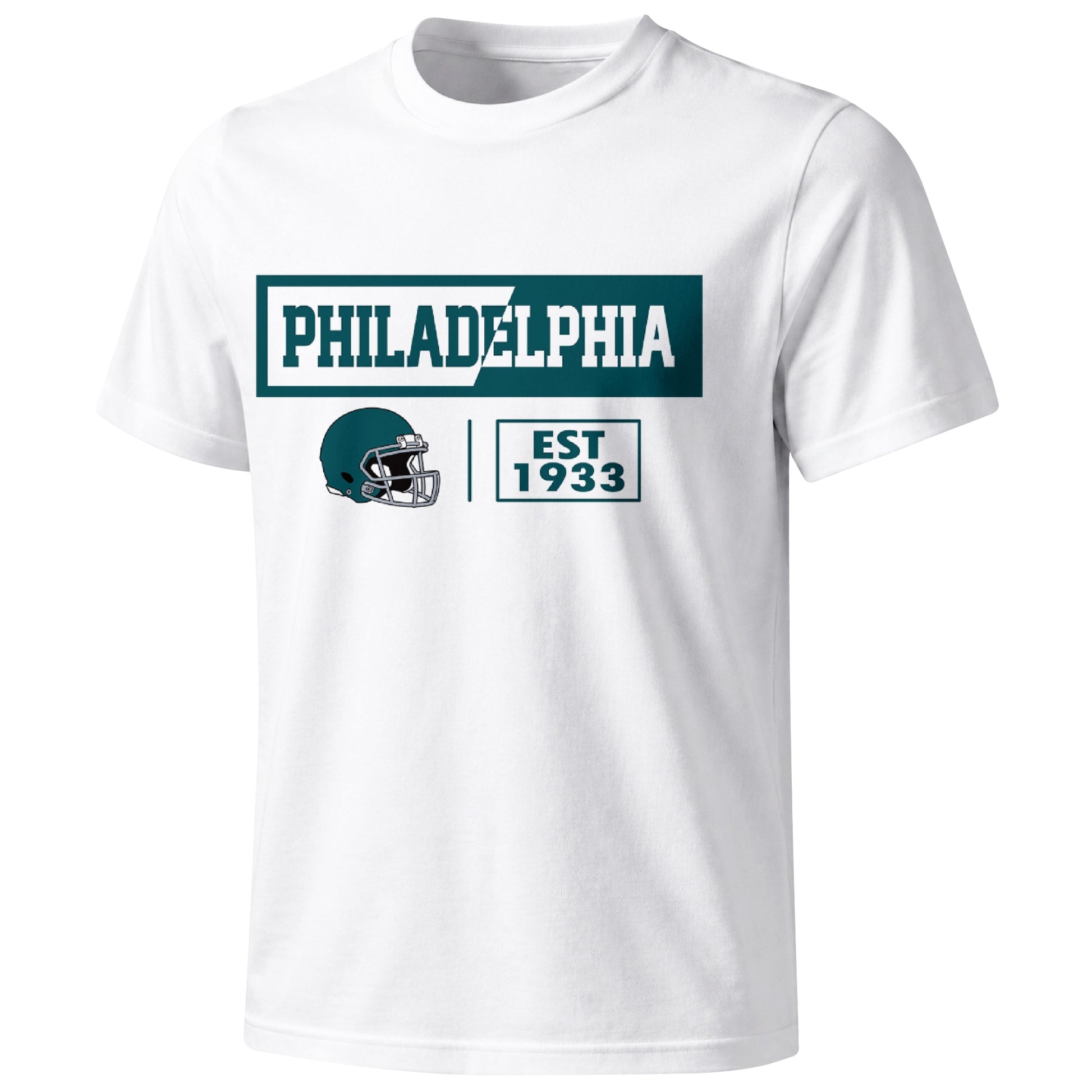 Philadelphia football badge T shirt in White showing the front city and football helmet design