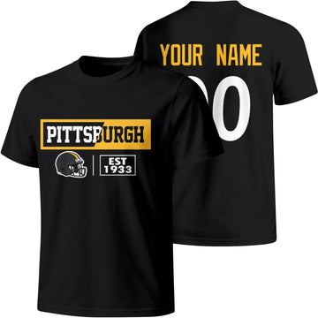 Pittsburgh personalized football badge T shirt in Black showing front city helmet design and back custom name and number