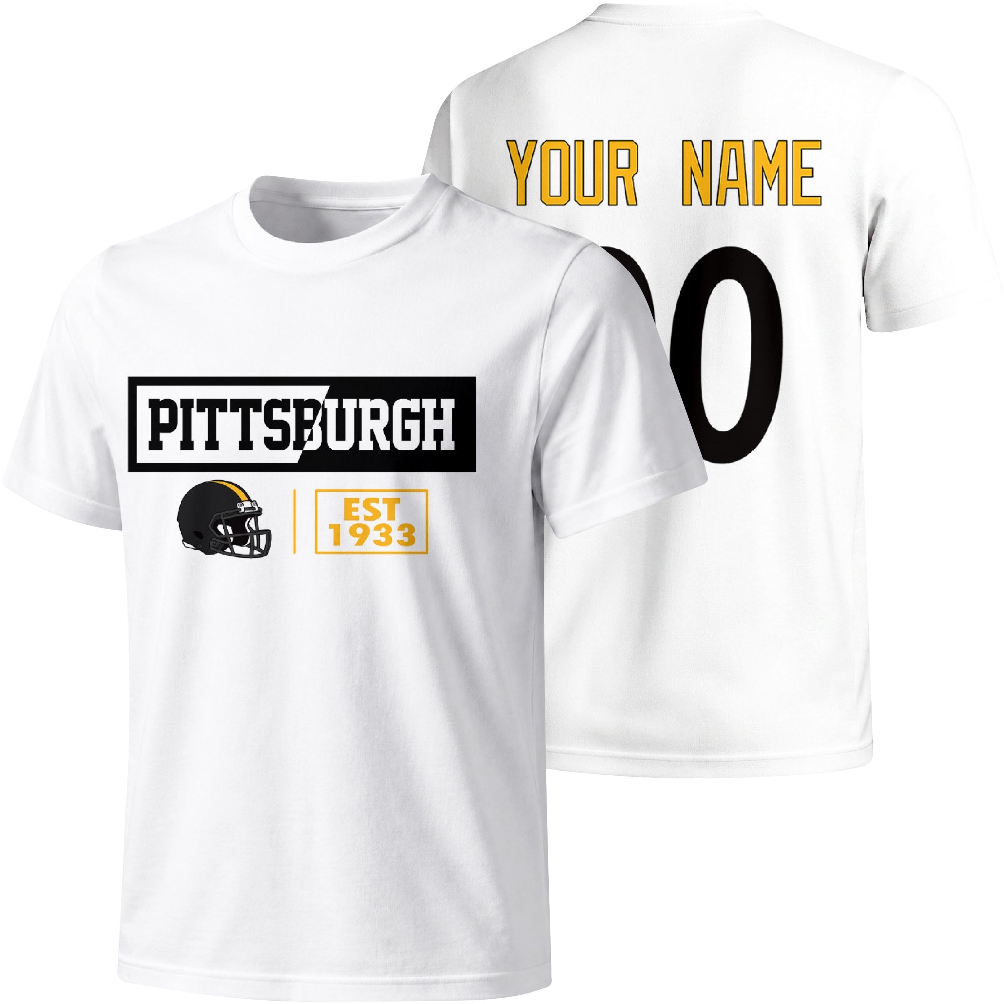 Pittsburgh personalized football badge T shirt in White showing front city helmet design and back custom name and number