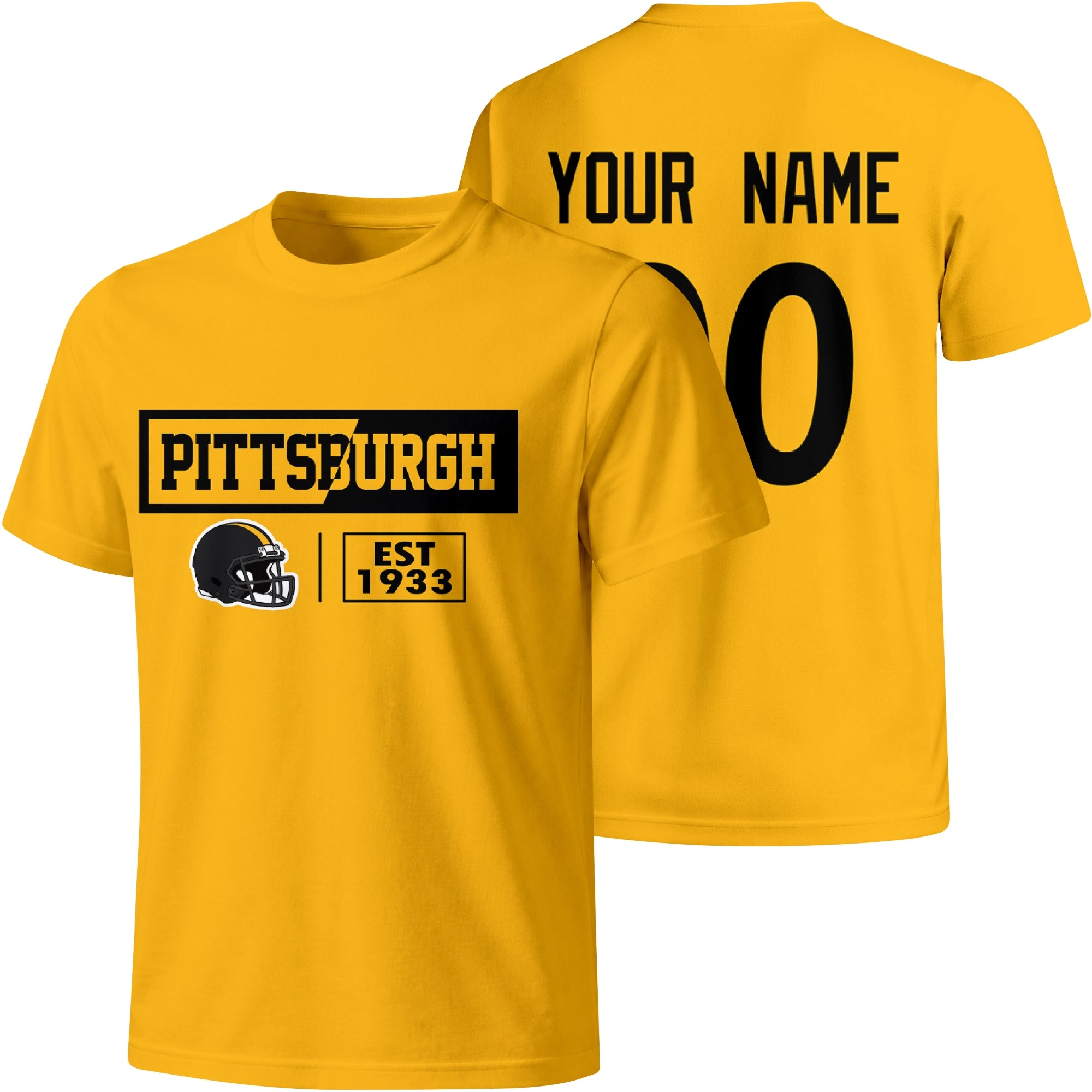 Pittsburgh personalized football badge T shirt in Gold showing front city helmet design and back custom name and number