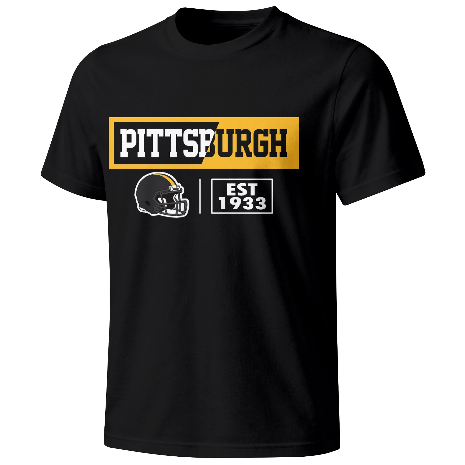 Pittsburgh football badge T shirt in Black showing the front city and football helmet design