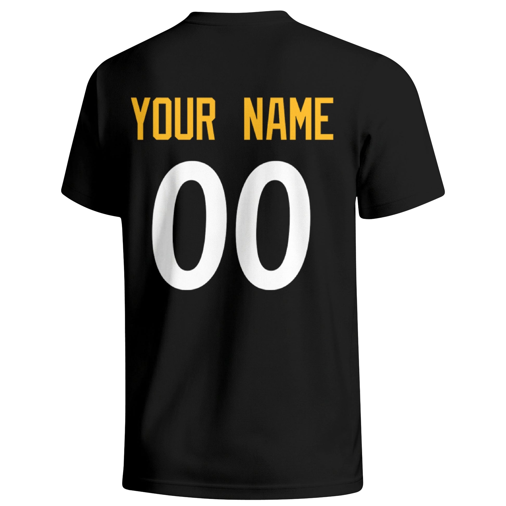 Pittsburgh personalized football badge T shirt in Black showing the back custom name and number